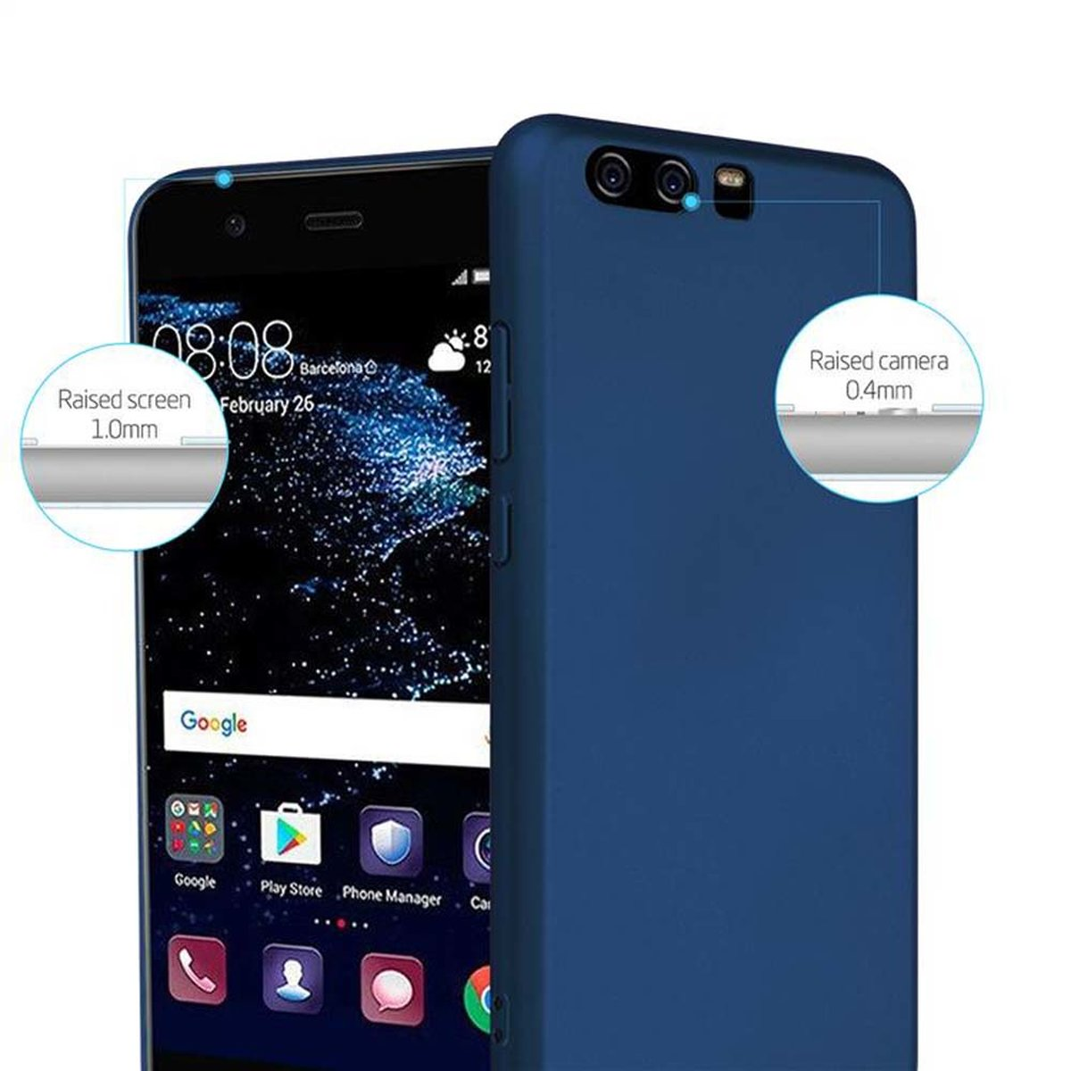 Blaue Handyhülle mit Telefon darin. Zeigt den Bildschirm und die Rückseite des Telefons mit Messungen.