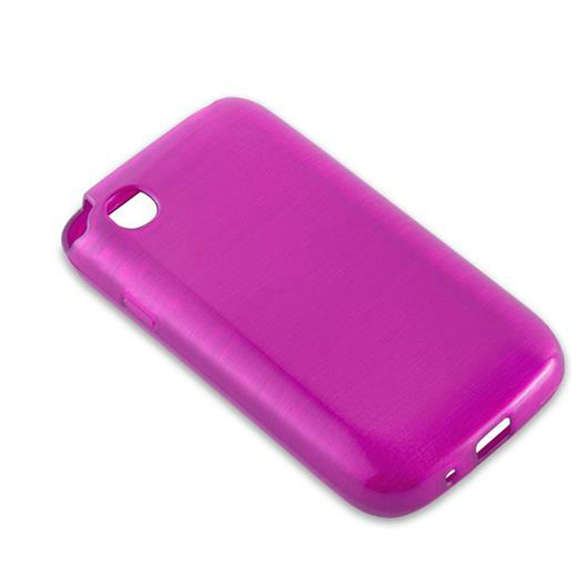 Una custodia per telefono rosa con ritagli per la fotocamera e i pulsanti. La custodia è su sfondo bianco.