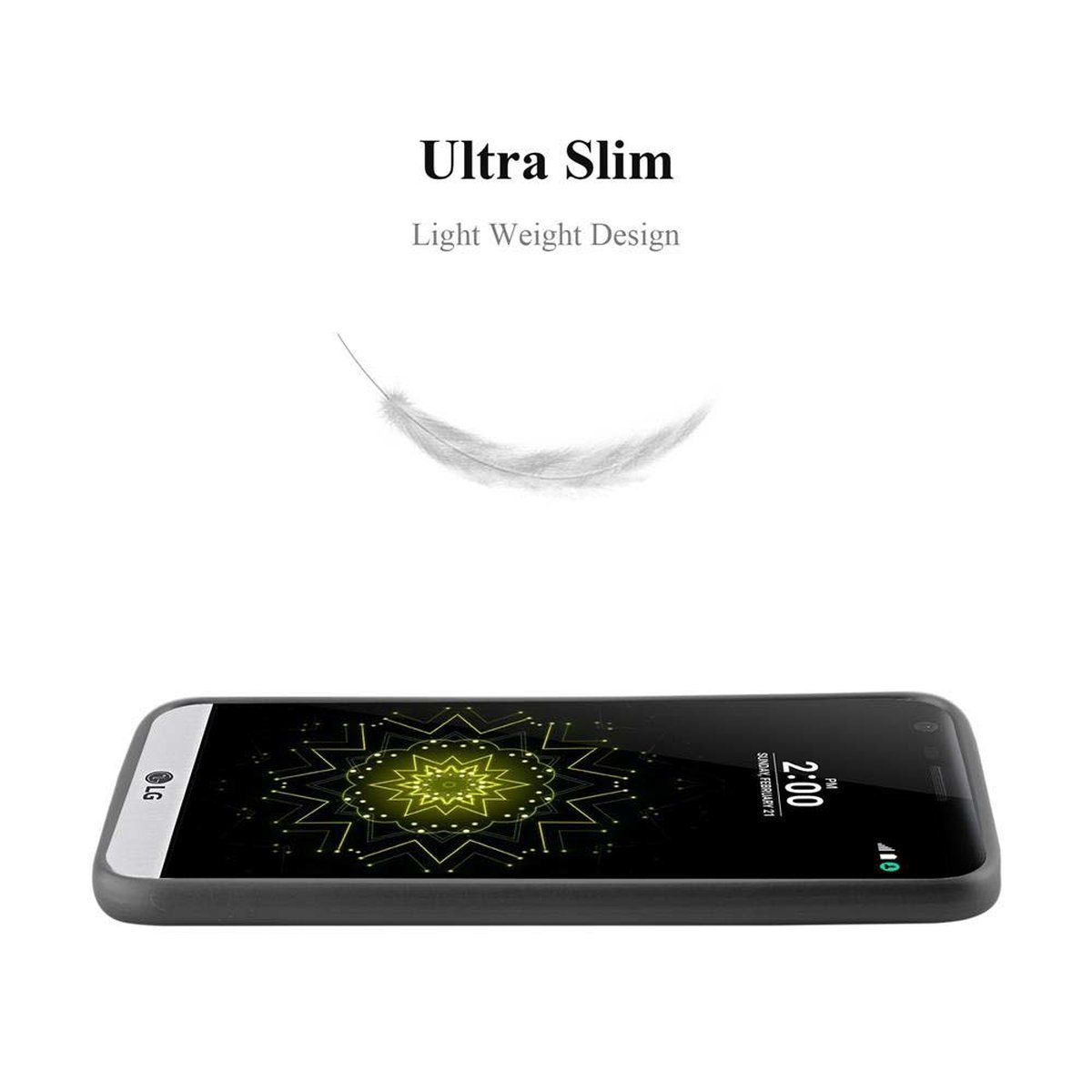 Ein schwarzes Telefon mit weißer Feder und den Worten Ultra Slim, Light Weight Design.