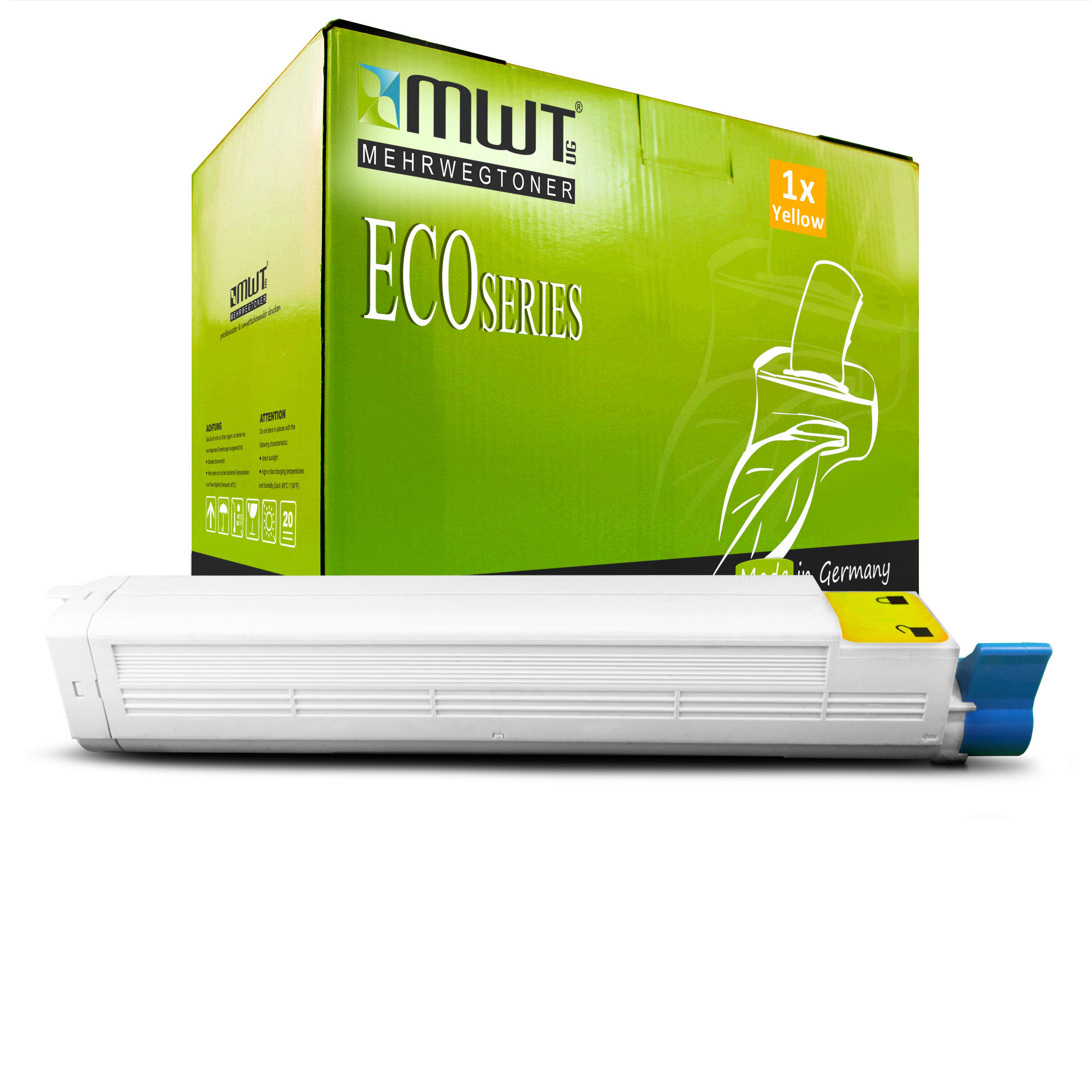 Grüne Box mit 'ECO SERIES' und einer gelben Tonerkartusche.