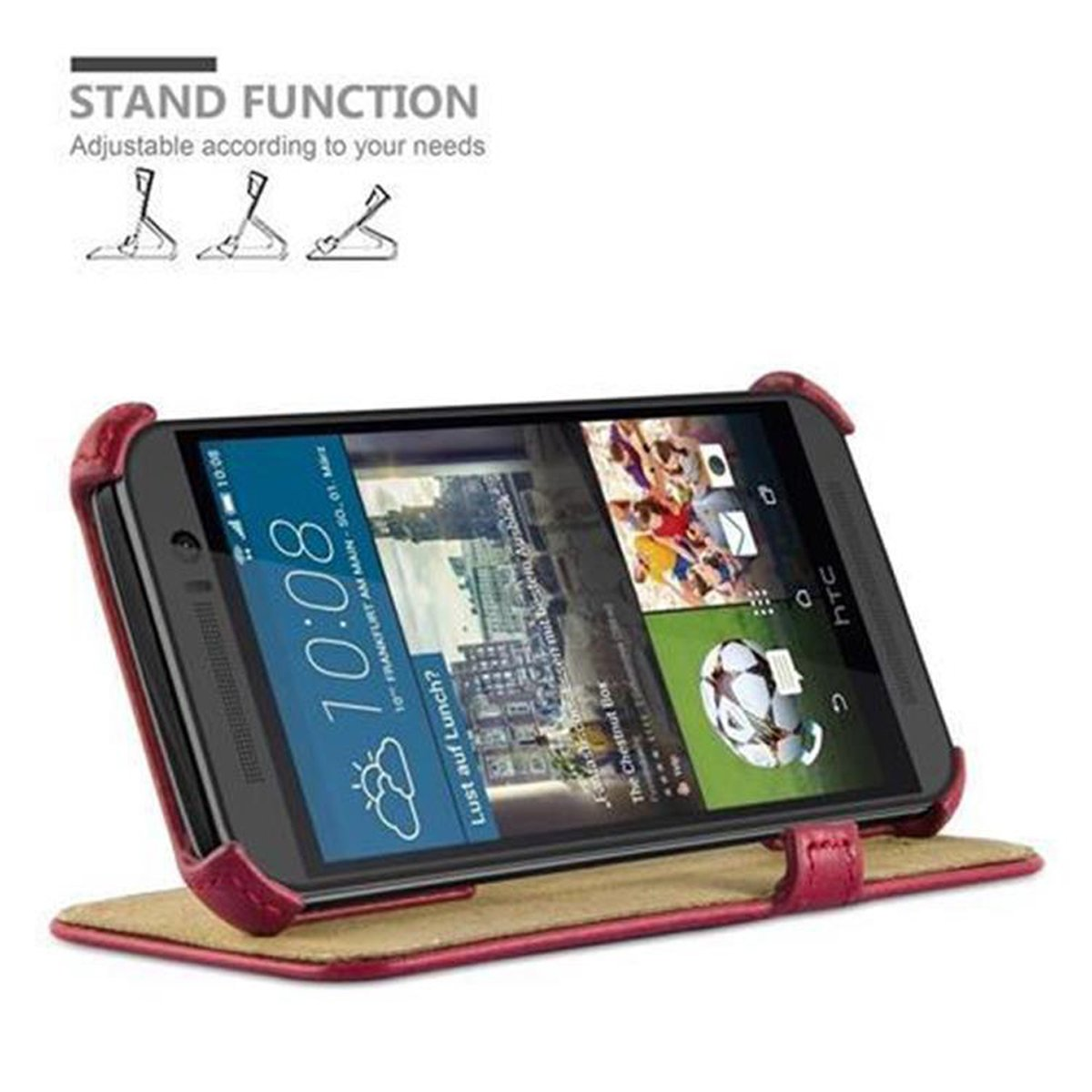 Eckhalterung, CADORABO mit ONE Standfunktion Hülle M9, ROT PASSION und Backcover, Book HTC,
