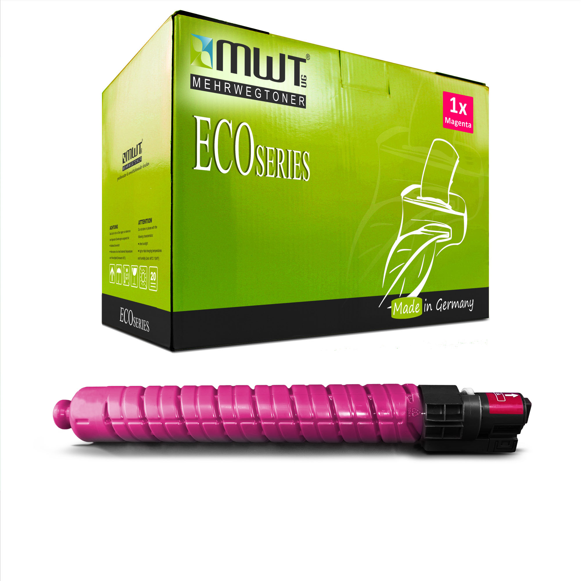Eine magenta Tonerkartusche in einer grünen Schachtel mit Text und Logo.