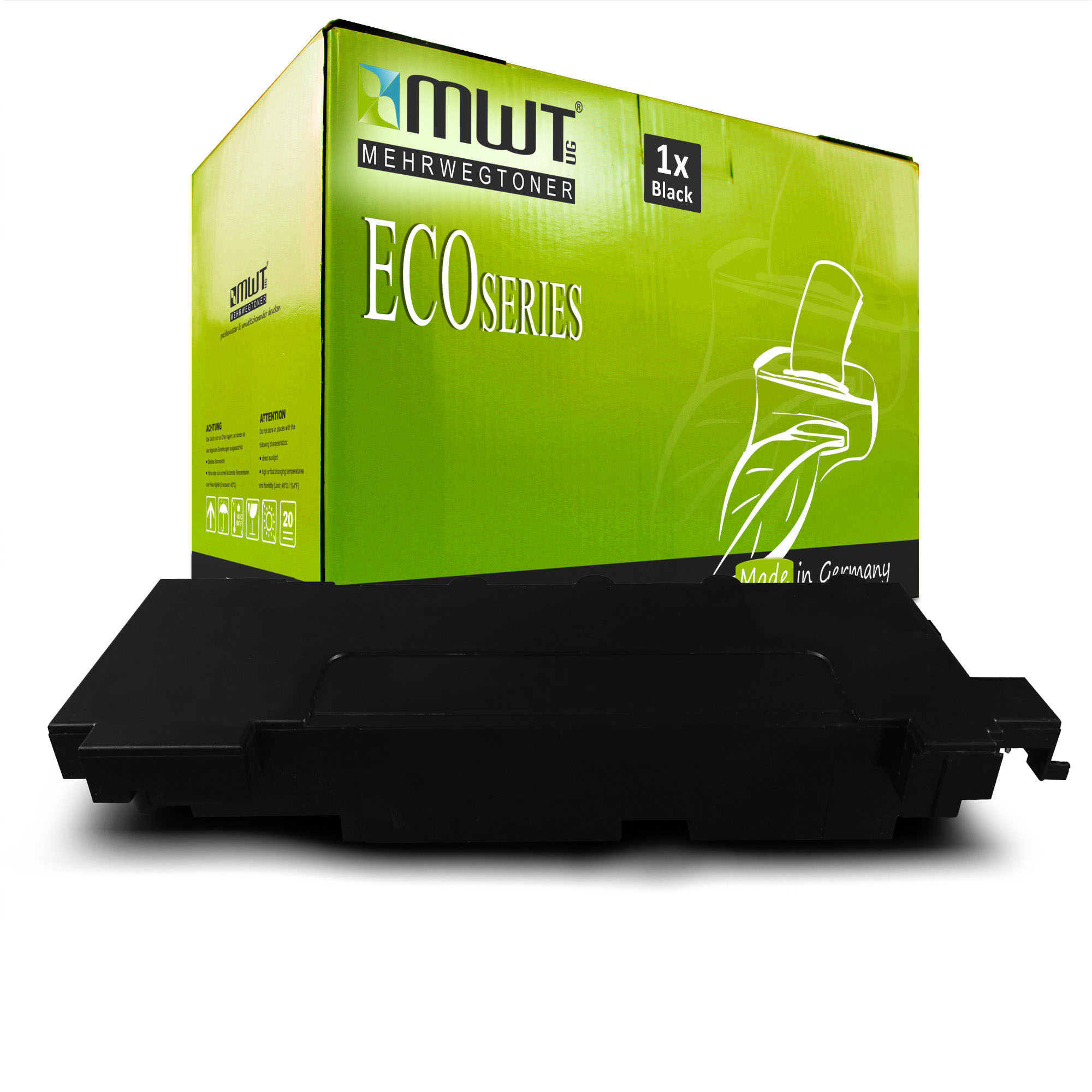Eine grüne Schachtel mit einer schwarzen Patrone und eine schwarze Patrone. Die Schachtel sagt ECO SERIES.