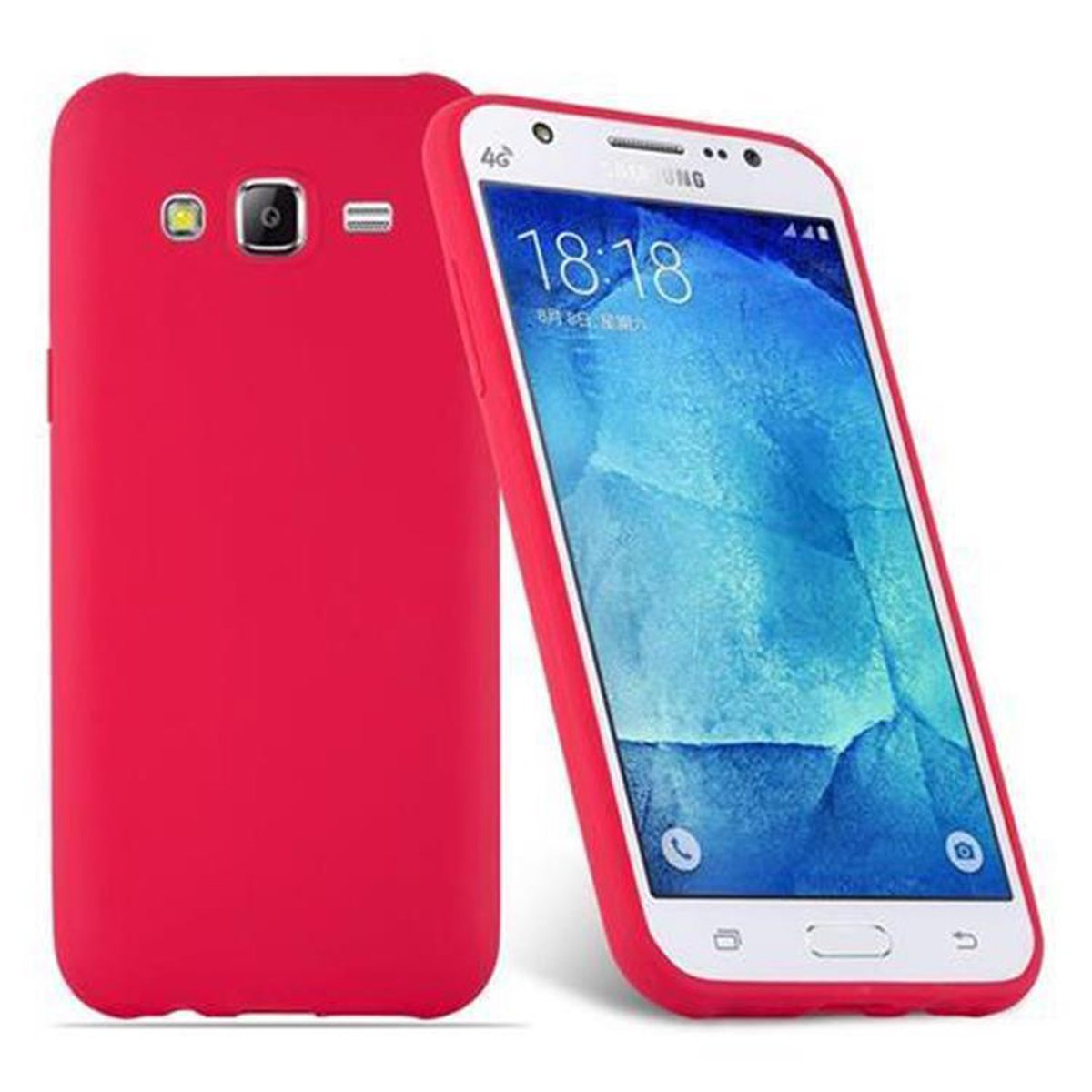 Se muestran dos teléfonos en fundas rojas. Uno muestra la pantalla, el otro la parte trasera con cámara.