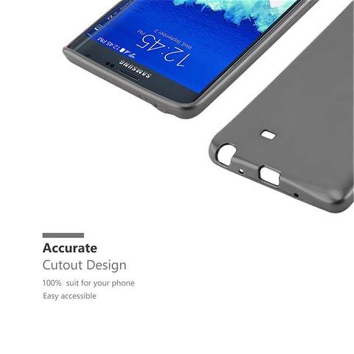 Un telefono con una custodia, che mostra il suo design ritagliato. Il testo indica un design ritagliato accurato e facile accessibilità.