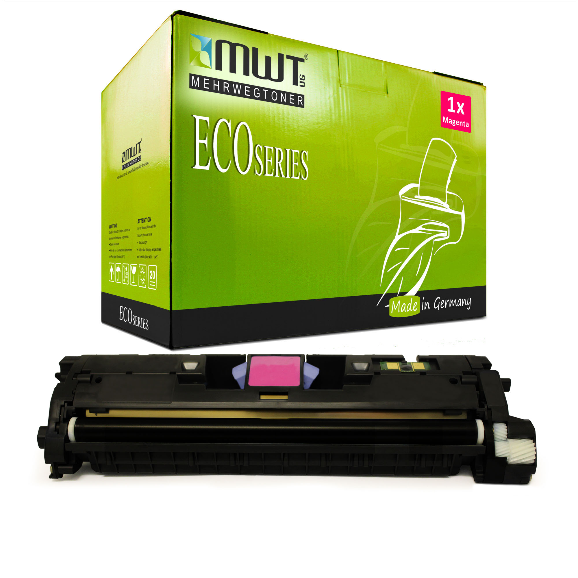 Grüne Box mit 'ECO SERIES' und einer magenta Tonerkartusche.