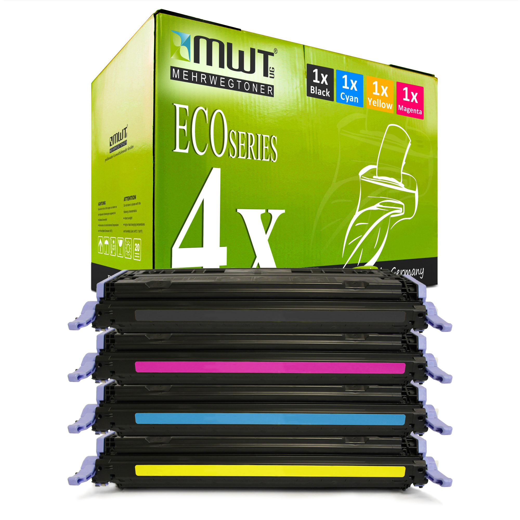 Grüne Box mit 'ECO SERIES' und vierfarbigen Tonerkartuschen. Text: 'Made in Germany'.