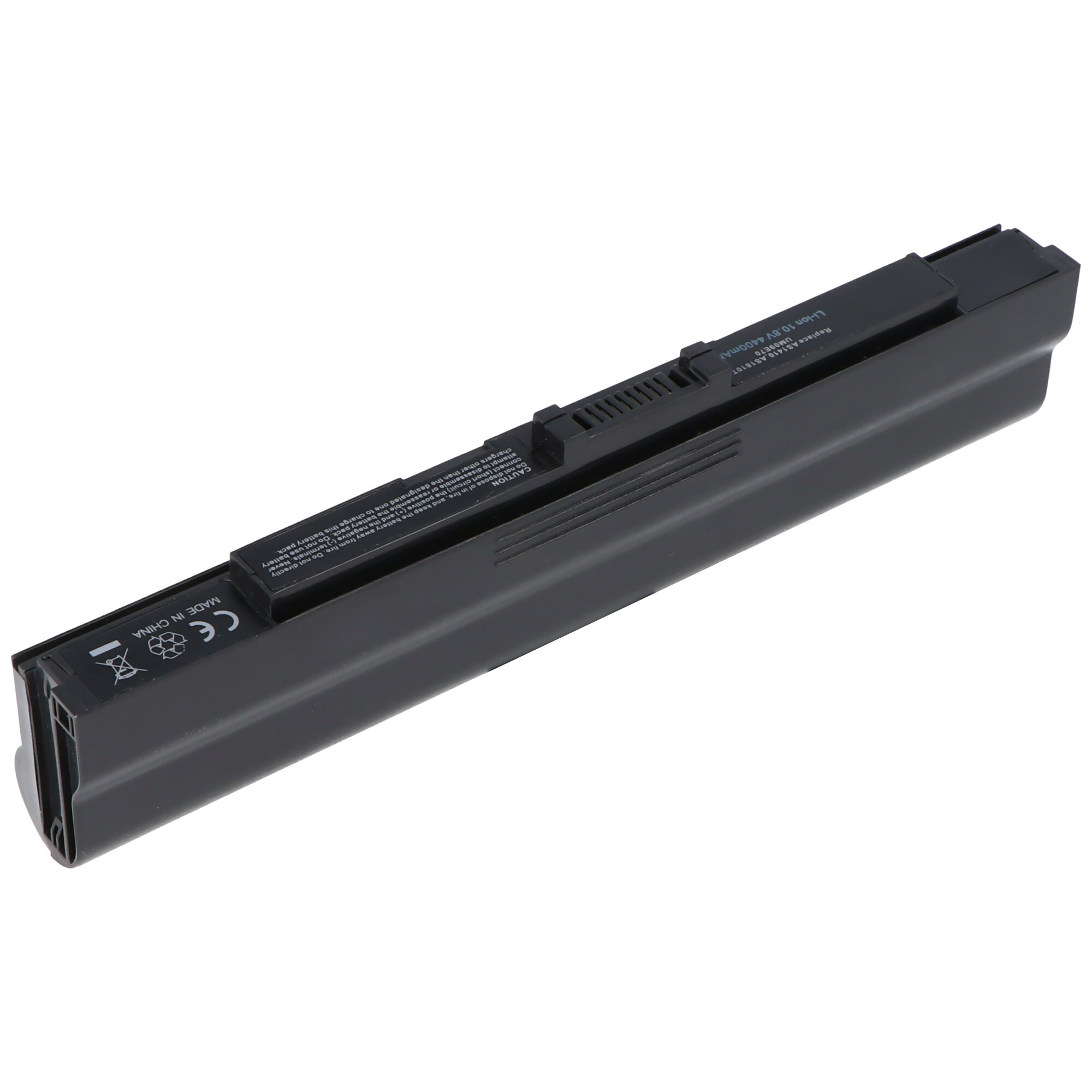 Ein schwarzer Laptop-Akku mit Etiketten.