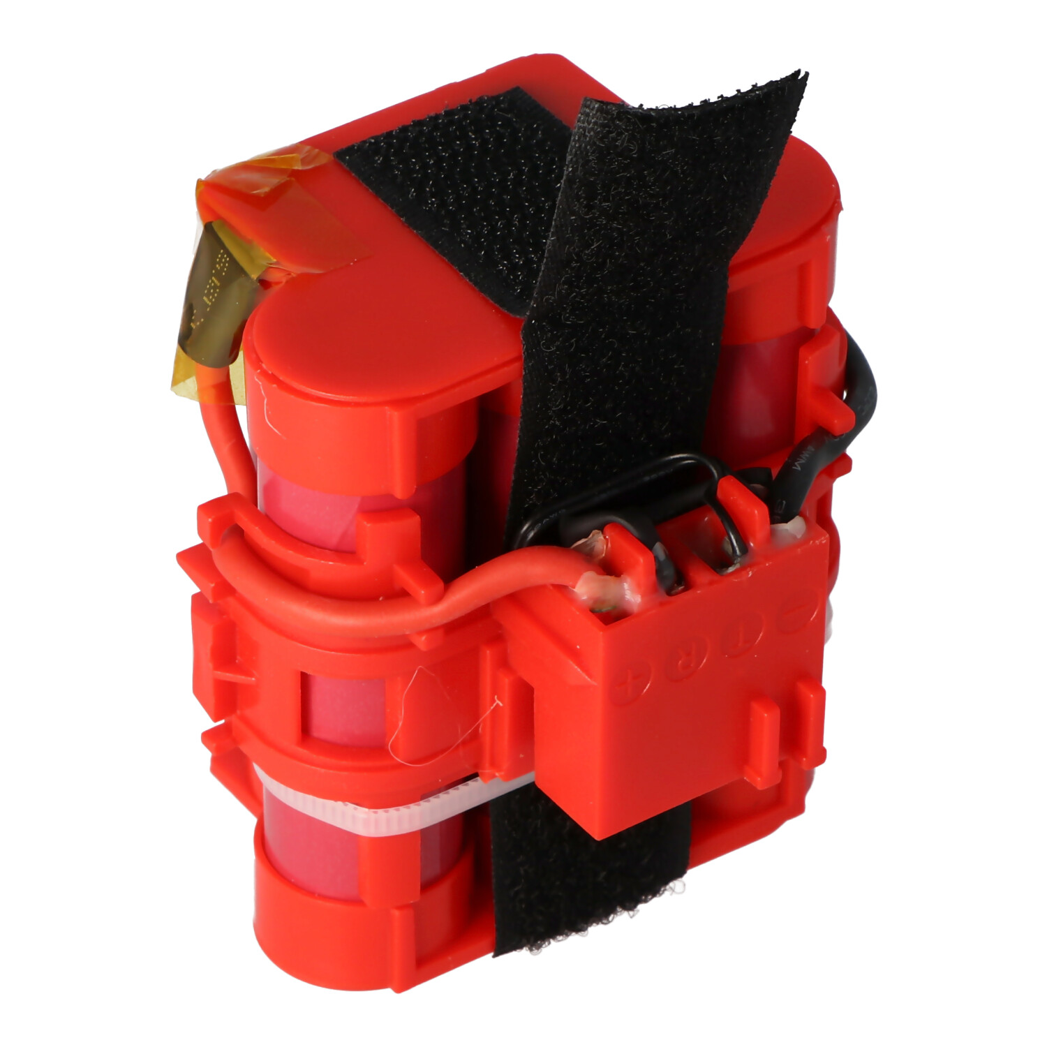 Rotes Akku-Pack mit schwarzem Riemen. Drähte sind sichtbar. Es ist ein Elektrowerkzeug-Akku.