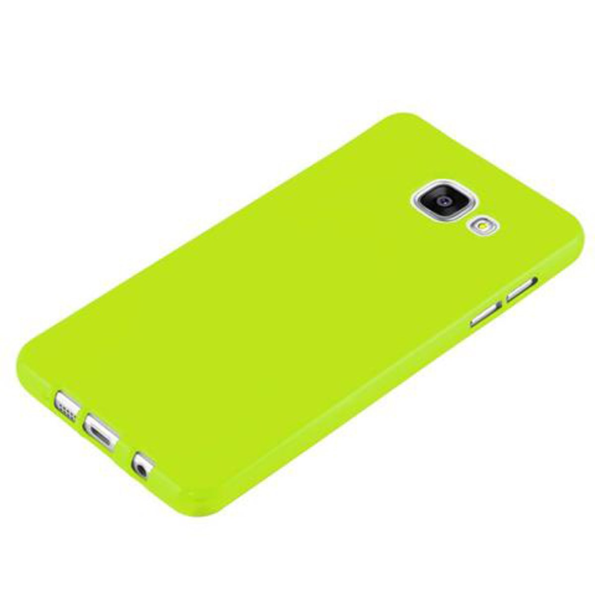 Una custodia per telefono verde brillante, la parte posteriore del telefono è visibile.