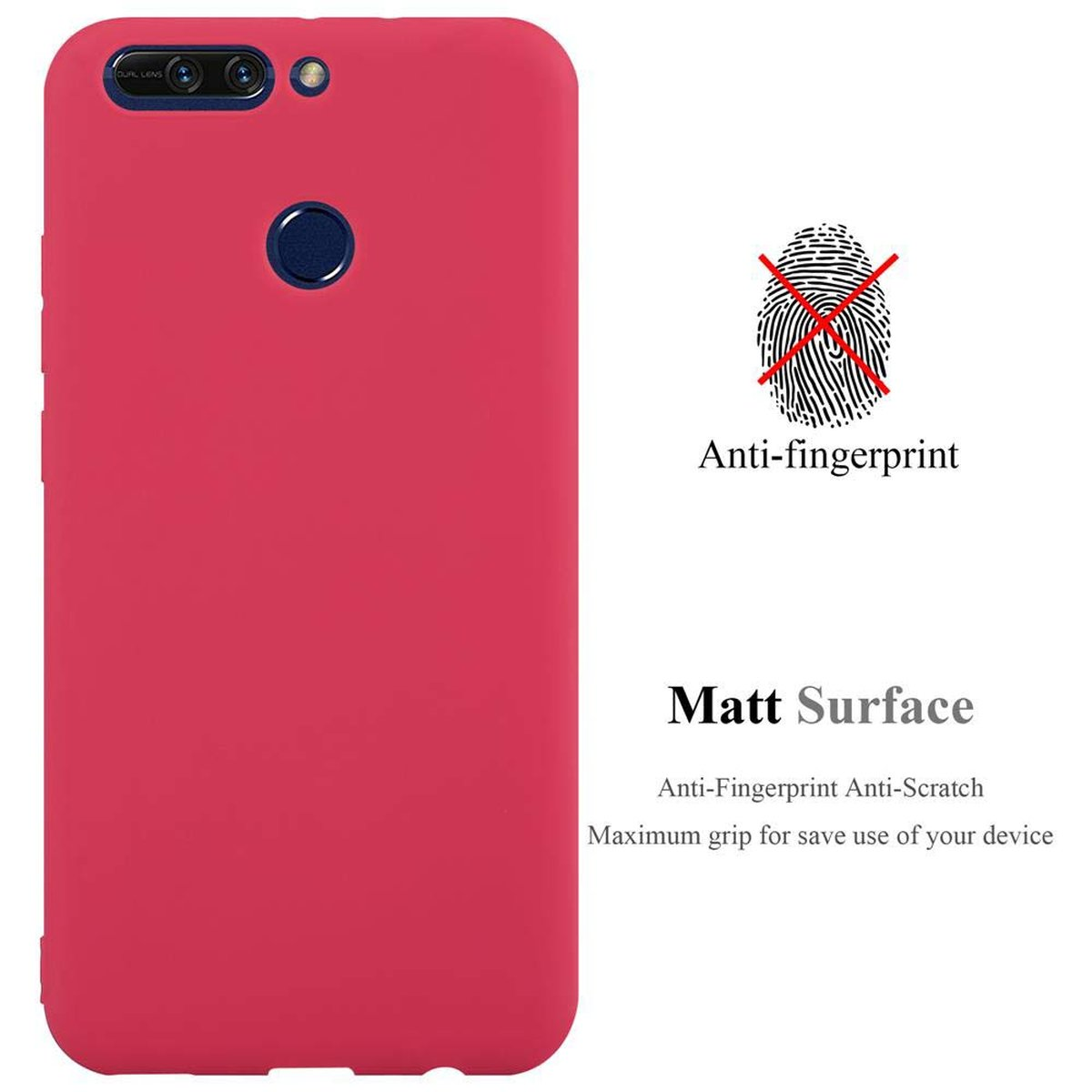 Rote Telefonhülle mit Anti-Fingerabdruck-Text und matter Oberfläche.