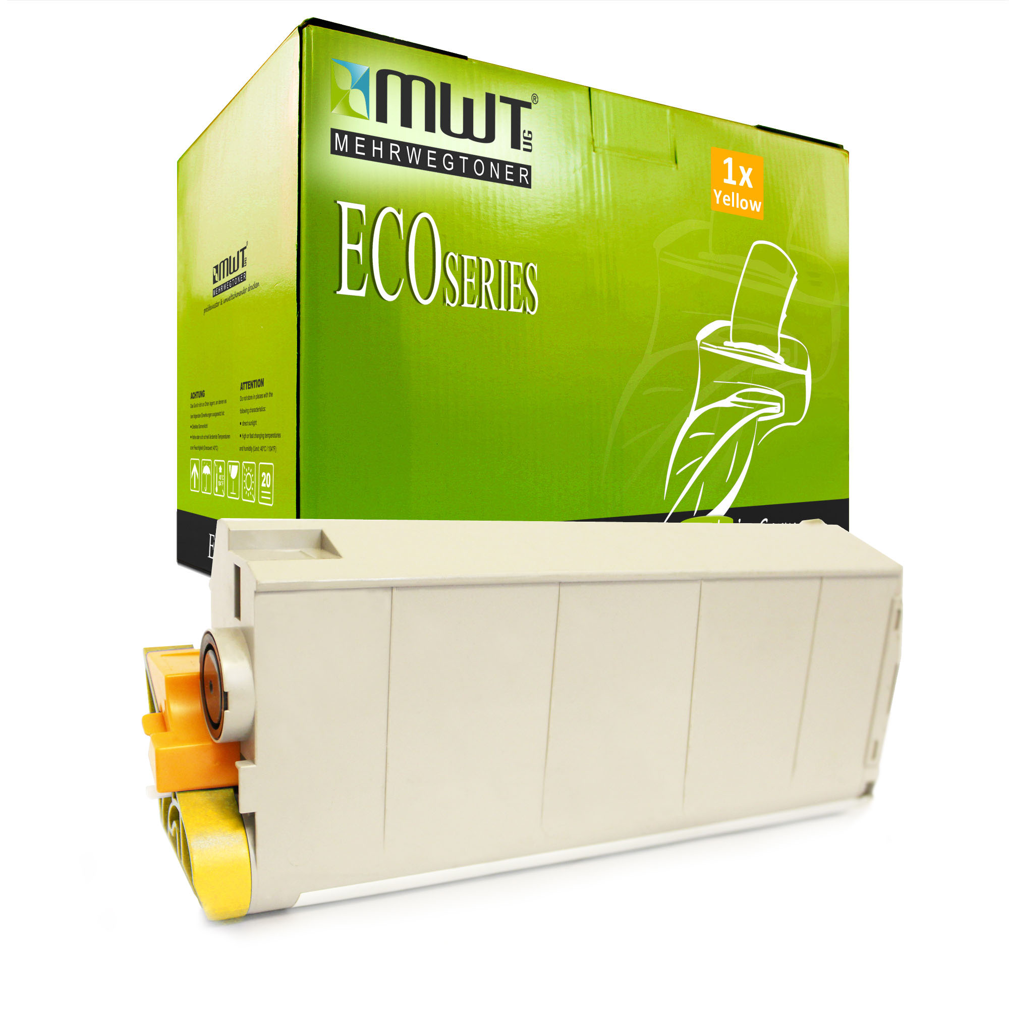 Grüne Box mit 'ECO SERIES' und gelber Tonerkartusche. Text: 'Made in Germany'.
