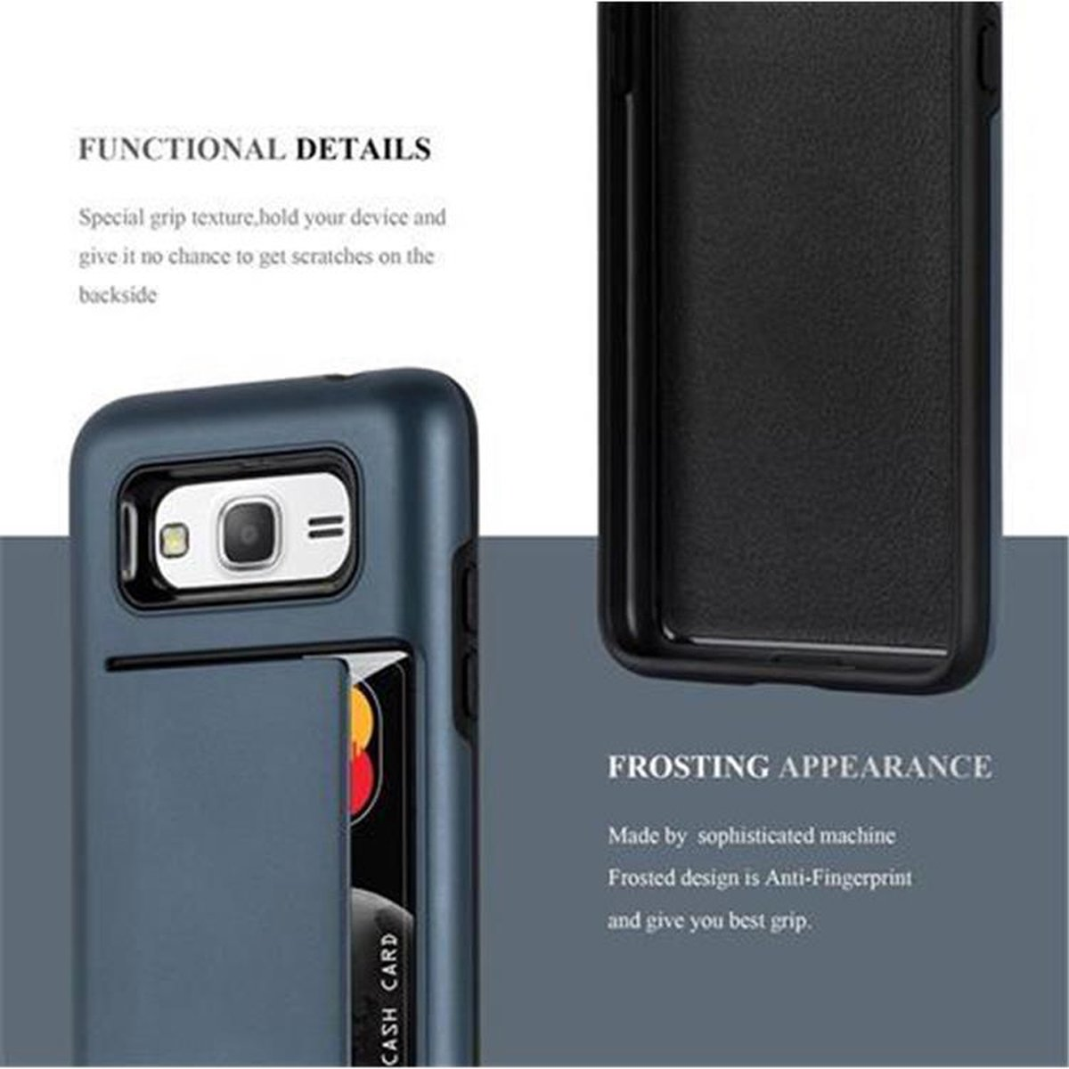 Primer plano de una funda de teléfono con ranura para billetera. El texto dice "Detalles funcionales" y "Apariencia helada".
