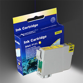 Gelbe Tintenpatrone mit der Box. Die Box ist blau und gelb mit dem Markennamen und 'Ink Cartridge'.
