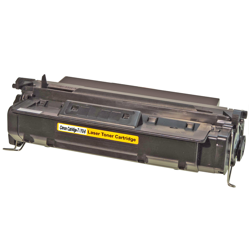 Schwarze Lasertoner-Kartusche mit gelbem Etikett. Es ist eine Canon-Kartusche.