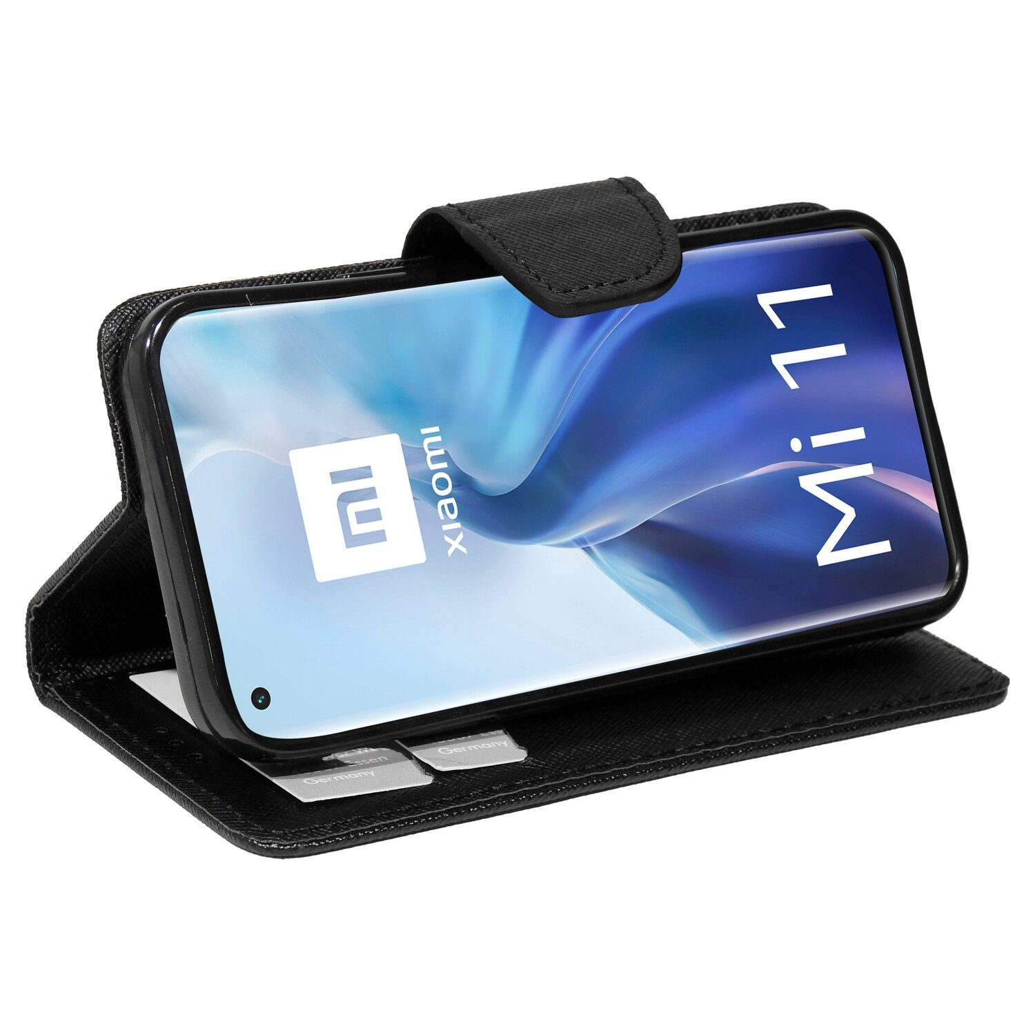 Schwarze Handyhülle mit Telefon. Das Telefon zeigt Mi 11 auf dem Bildschirm.