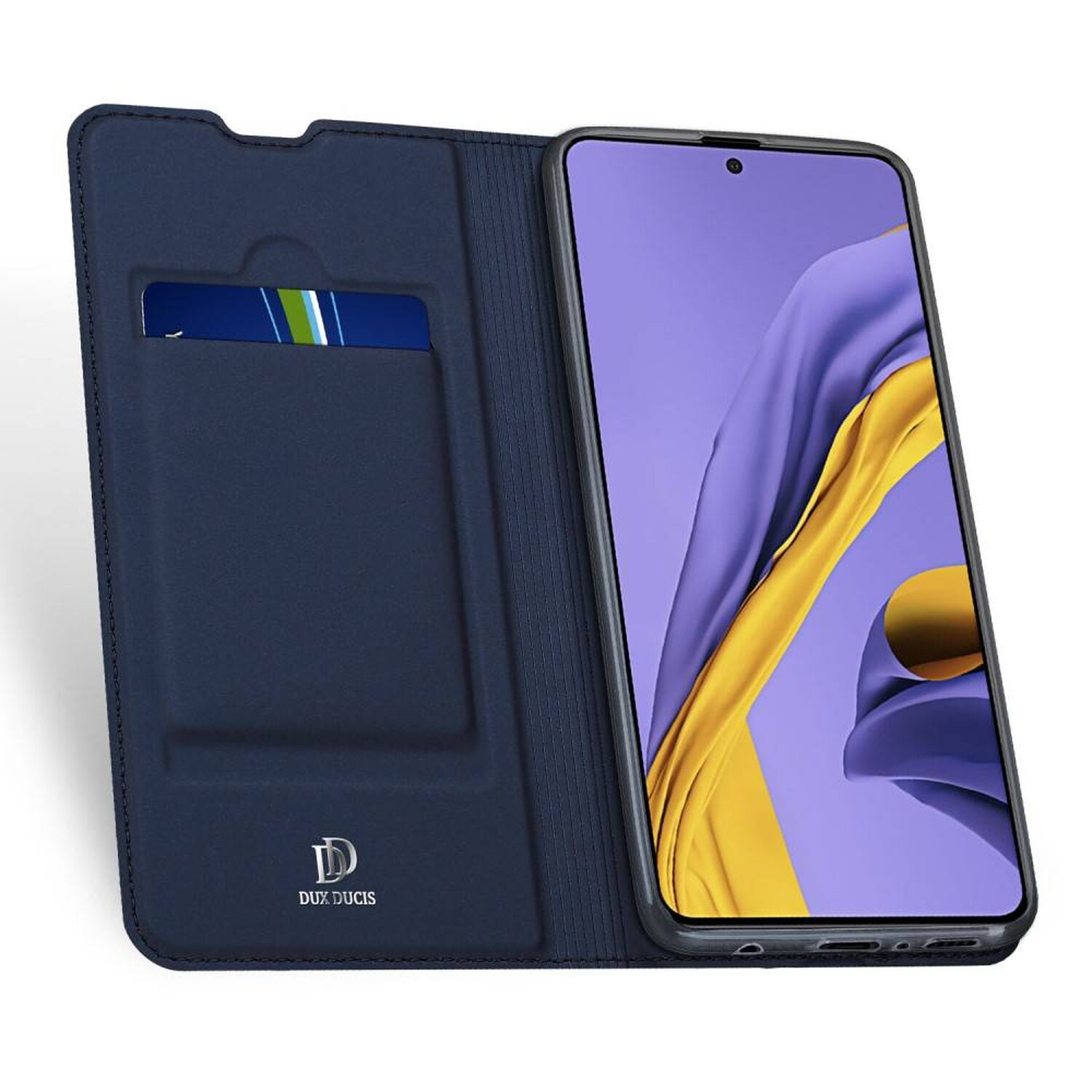 Blaue Handyhülle mit Kartenfach, geöffnet um ein Telefon zu zeigen.