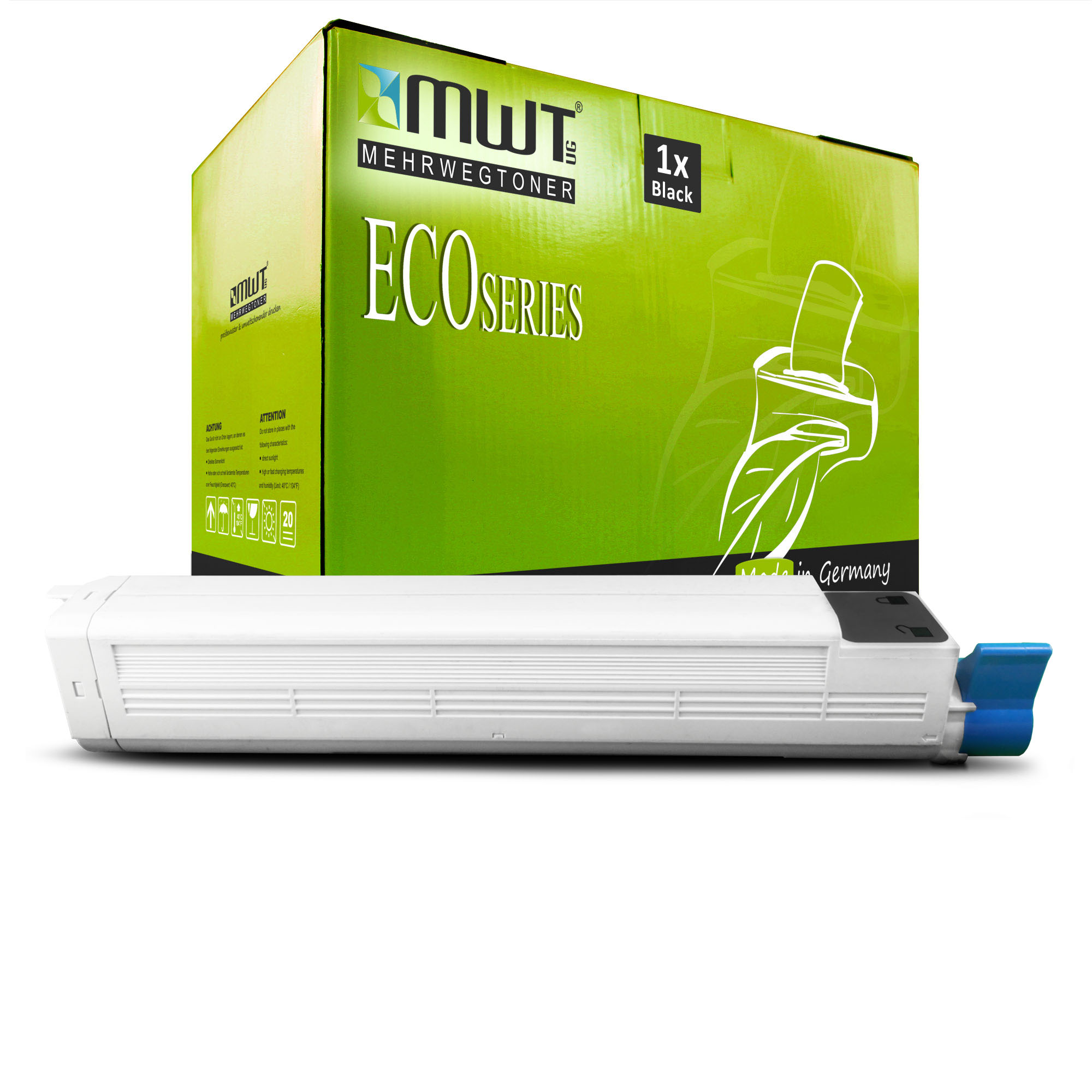 Weiße und blaue Tonerkartusche und Box. Box hat 'ECO SERIES' und 'Made in Germany'.