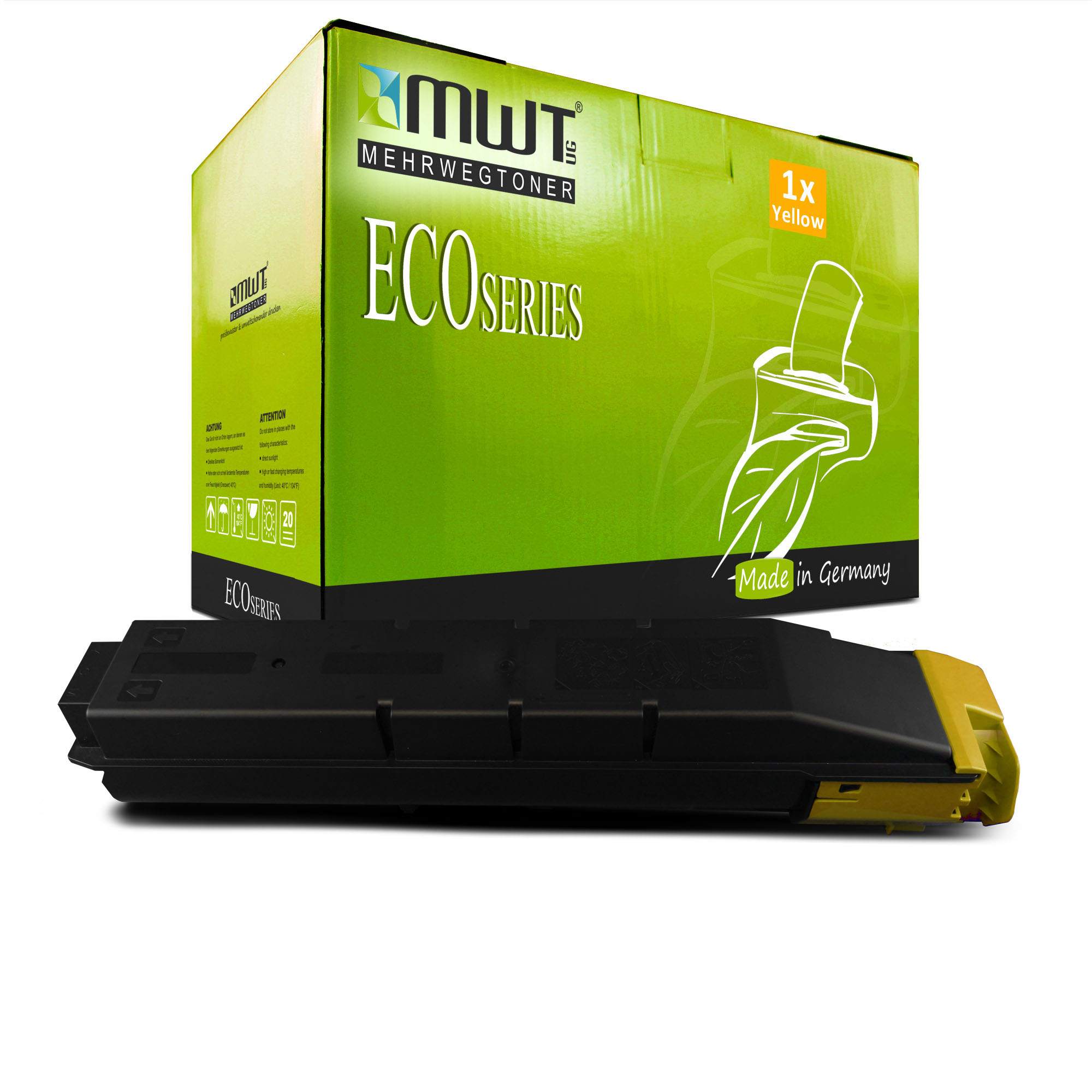 Eine gelbe Tonerkartusche befindet sich vor einer grünen Box mit "ECO SERIES" und "1x Gelb".