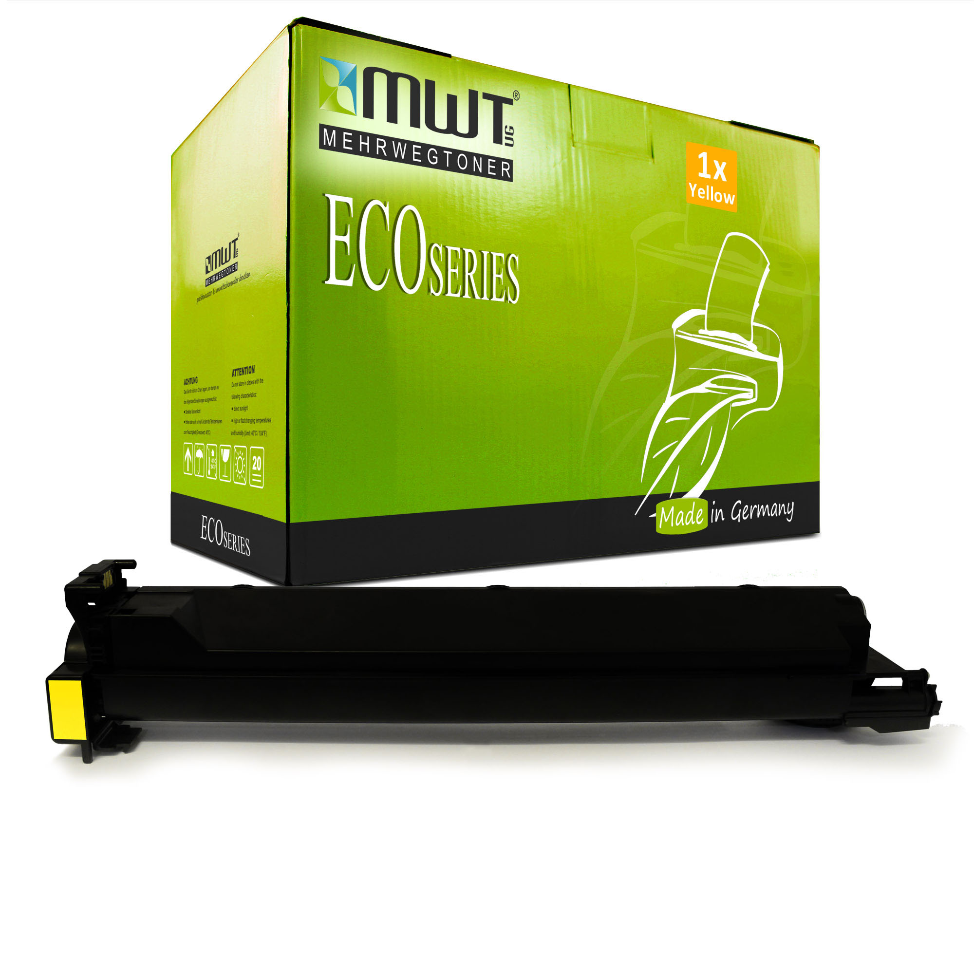 Gelbe und grüne Tonerkartuschenbox. Die Box trägt die Aufschrift ECO SERIES und eine Blattgrafik.