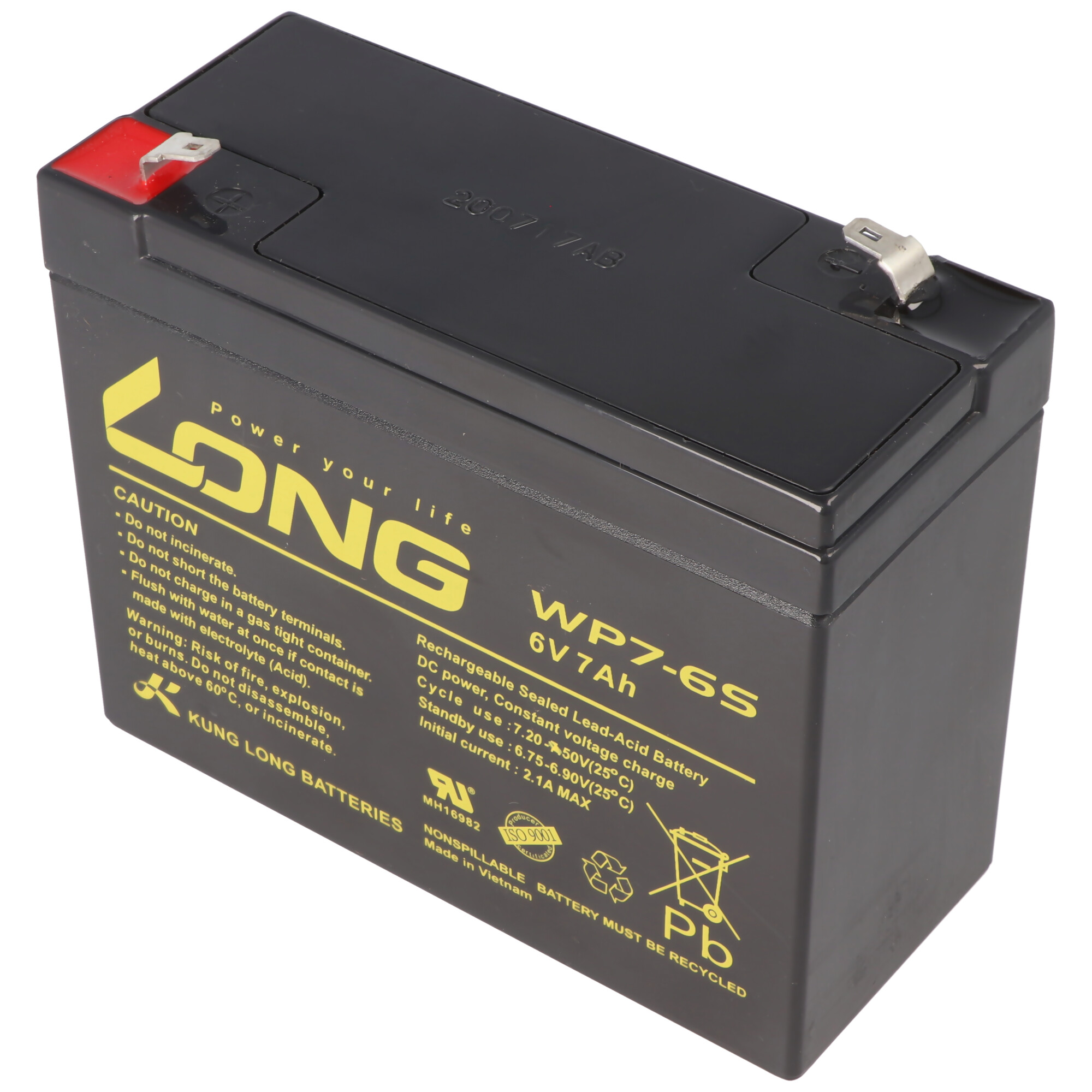 Schwarze 6V 7AH Batterie mit Etikett auf weißem Hintergrund. Zeigt Text und Warnungen.