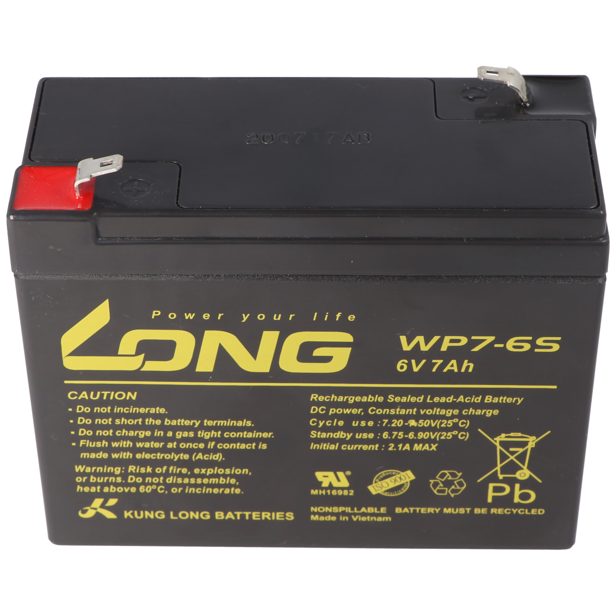 Schwarze 6V 7Ah Batterie mit Text. Rot und Schwarz sind die Farben. Aufschrift 'LONG'.