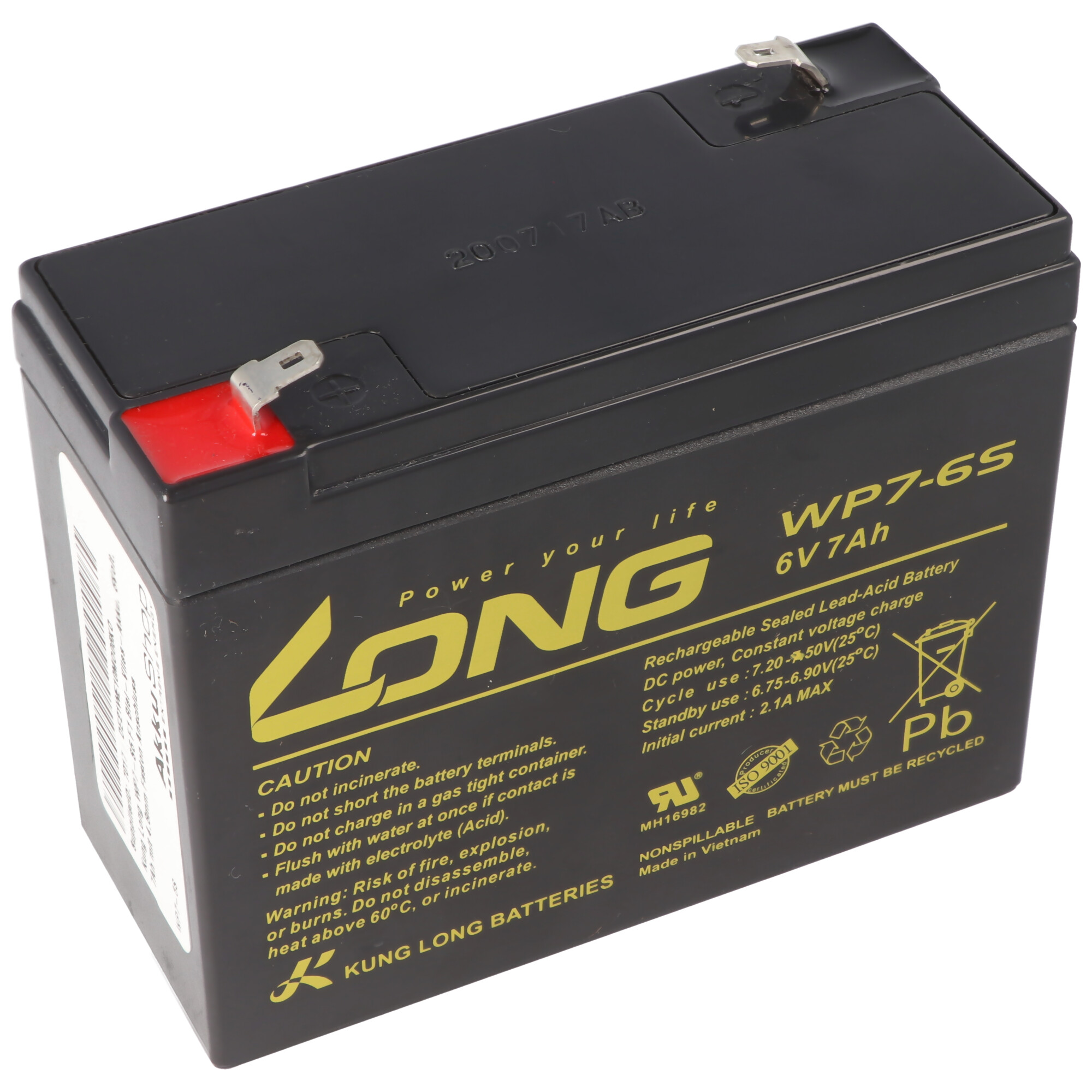Schwarzer Akku mit gelbem Text, Warnhinweisen und dem Logo 'LONG'.
