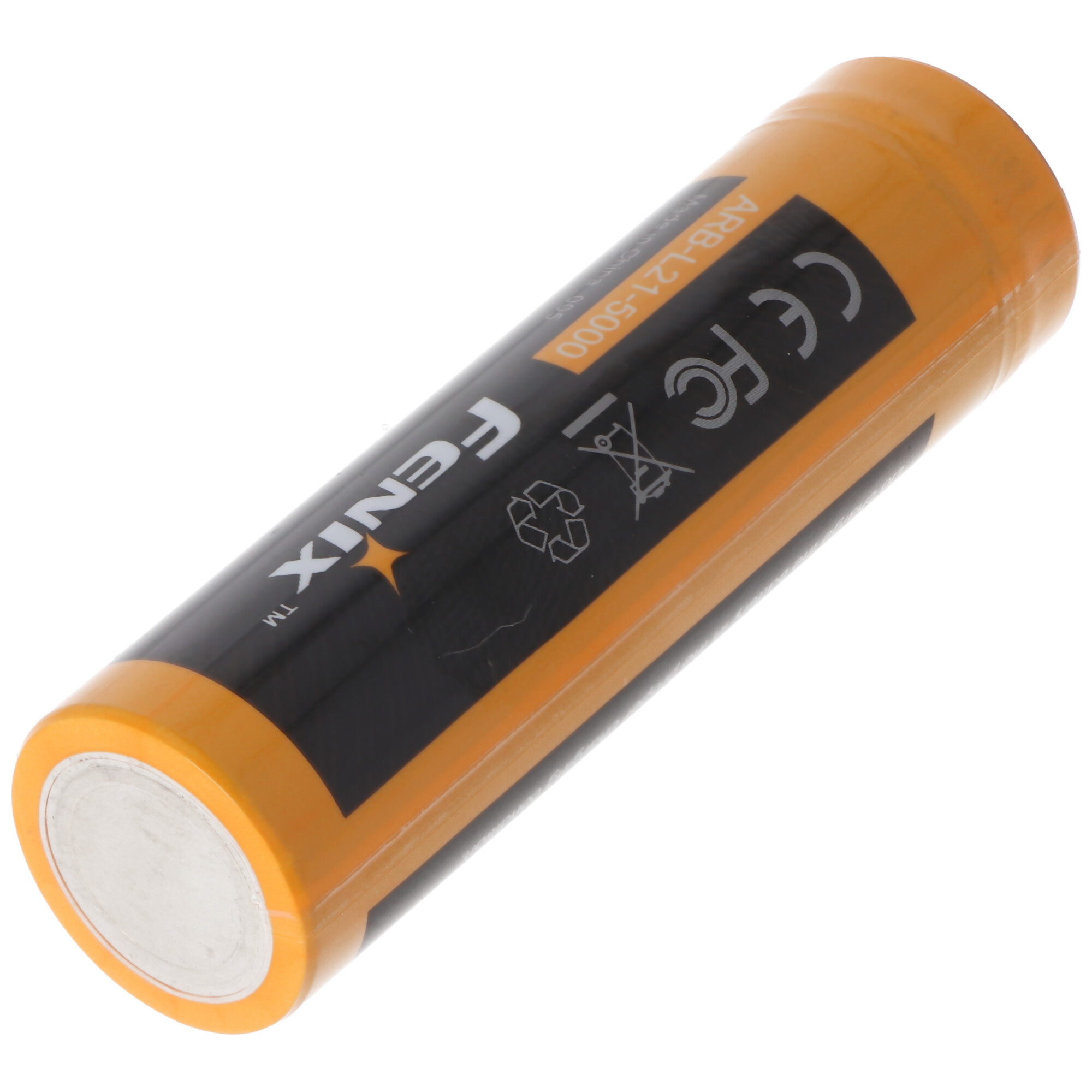 Gele en zwarte Fenix ARB-L21-5000 batterij, met productinfo. Schuine weergave op witte achtergrond.