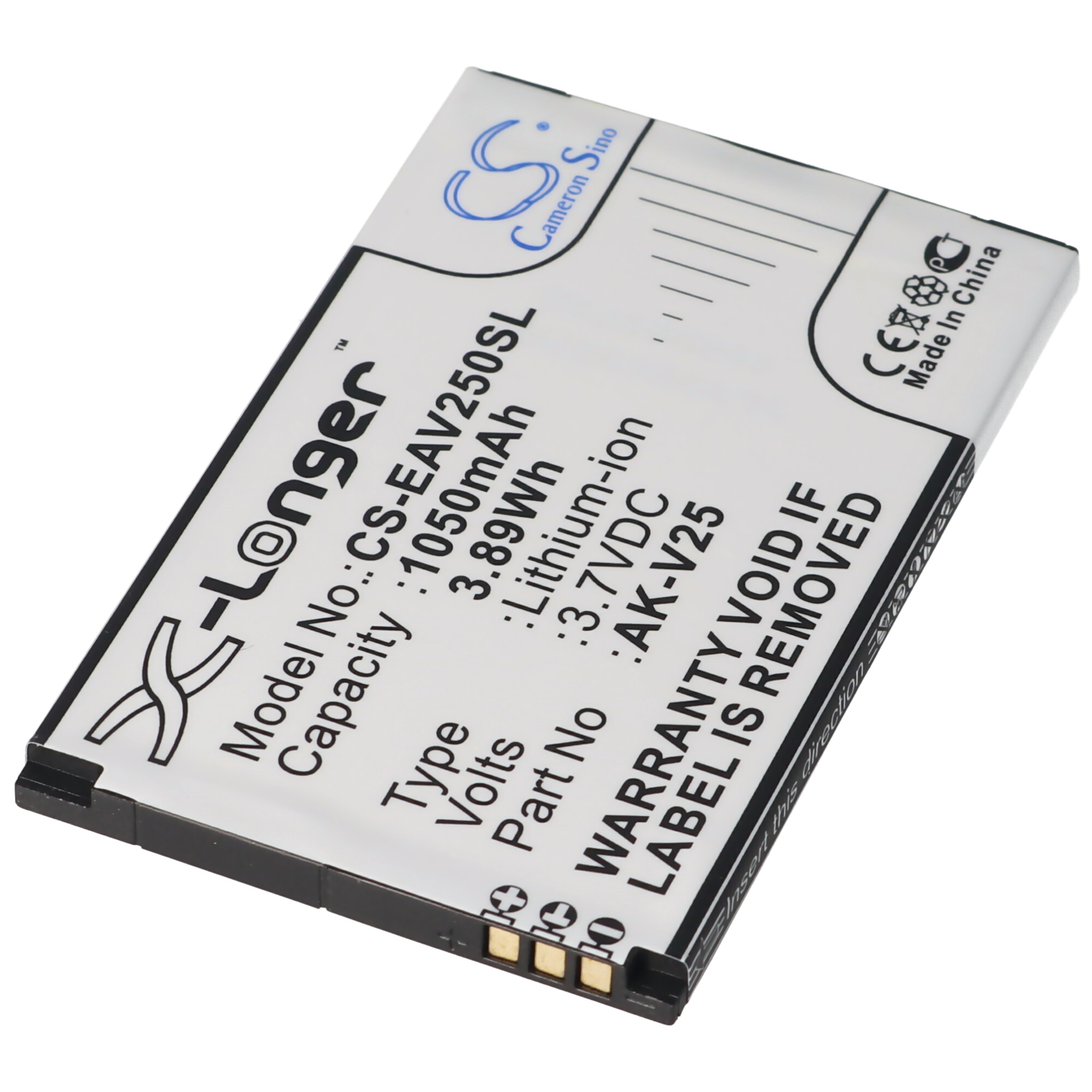 Weiße Batterie mit schwarzen Kanten. Text: 'CS-EAV250SL', 1050mAh, 3.89Wh, 3.7VDC und 'Garantie erlischt bei Entfernung des Etiketts'.