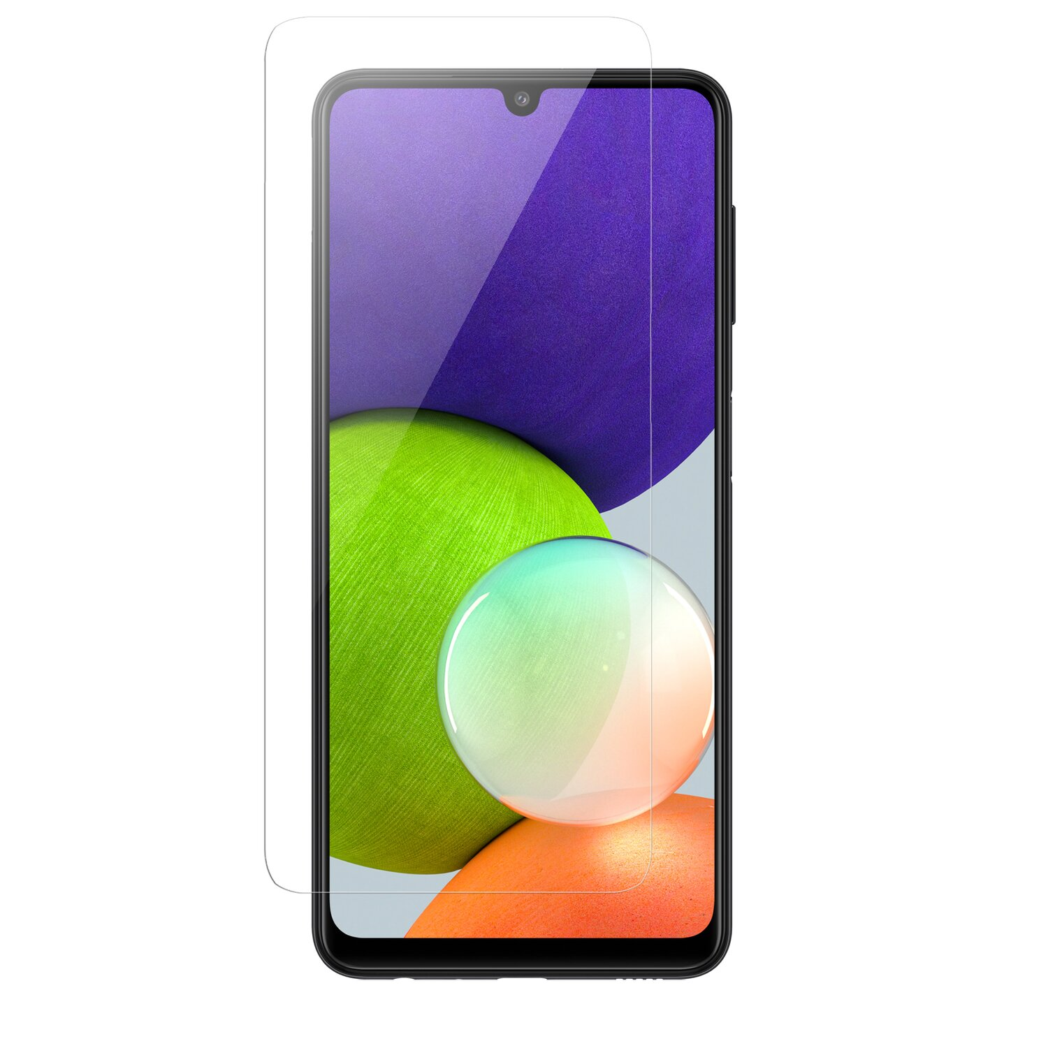 Ein Telefon mit Displayschutz. Der Bildschirm zeigt einen grünen, lila und orangen abstrakten Hintergrund.