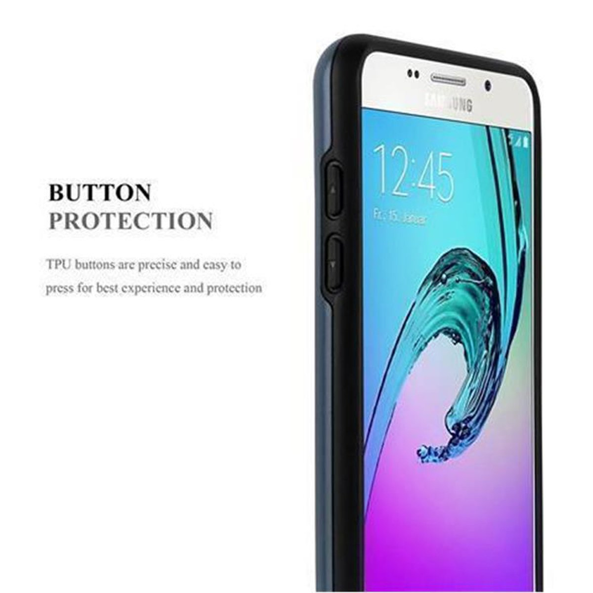 Una custodia nera per telefono con smartphone, testo 'BUTTON PROTECTION', 'I pulsanti in TPU sono precisi e facili da premere'.