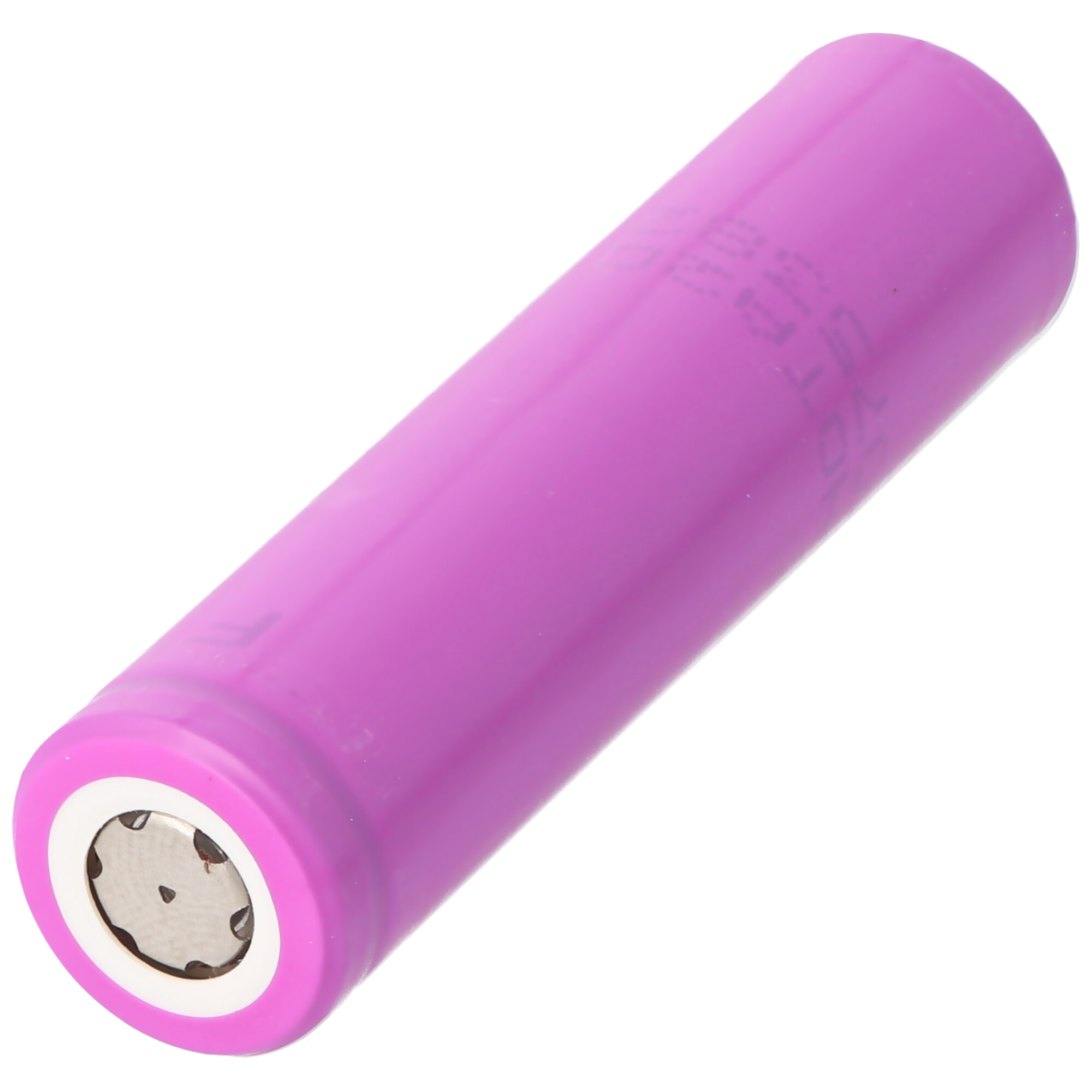 A purple cylindrical battery, white ring around the positive end.