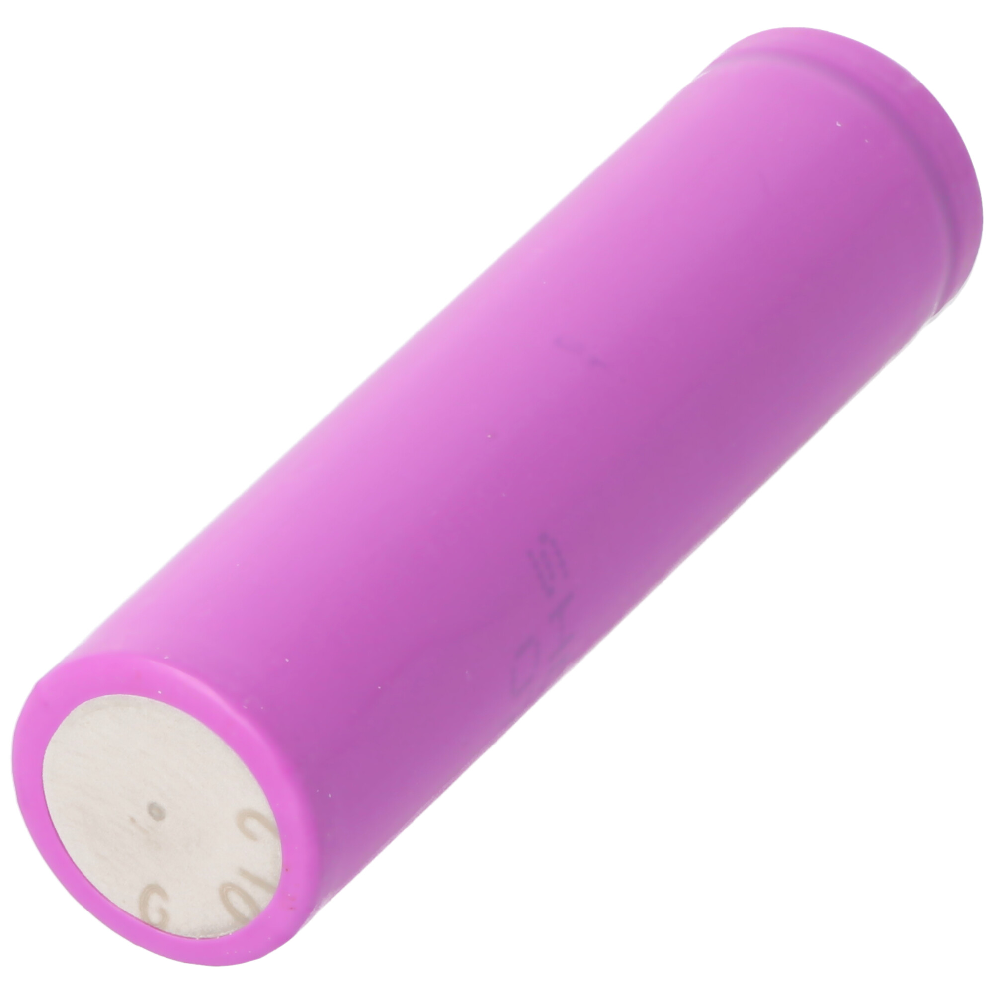 A single, cylindrical, purple battery, on a white background.