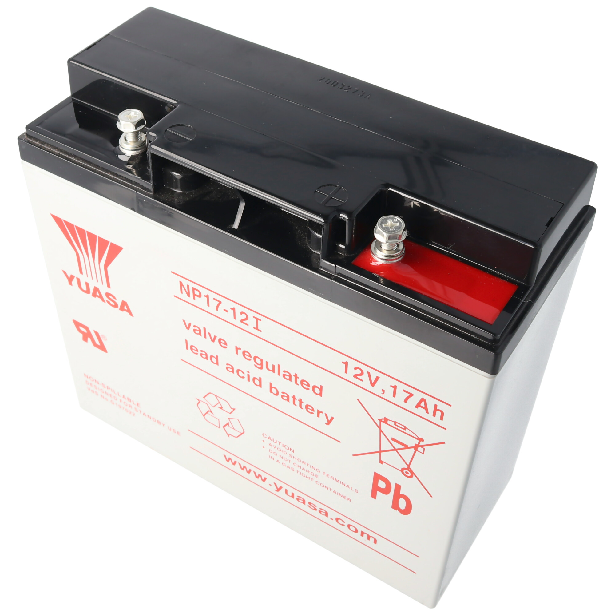 Eine schwarz-weiße Yuasa-Batterie mit Text und einem Pb-Symbol vor weißem Hintergrund.