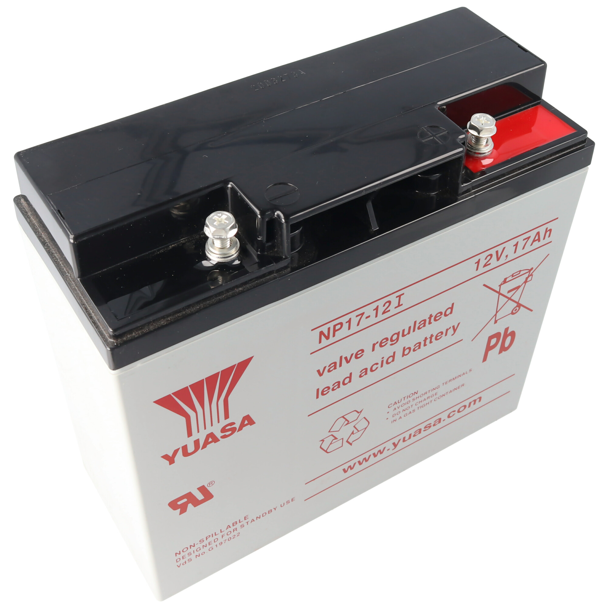 Eine rechteckige Batterie mit Anschlüssen und Beschriftung: '12V, 17Ah' und Marke 'YUASA'.