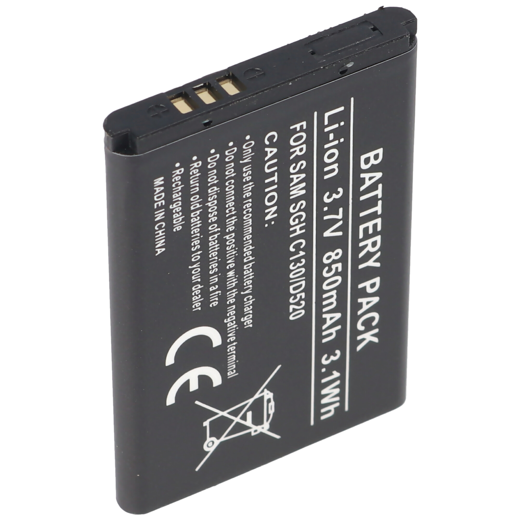 Ein schwarzes Telefon-Akkupack mit weißem Text und einem CE-Zeichen. Hergestellt in China.