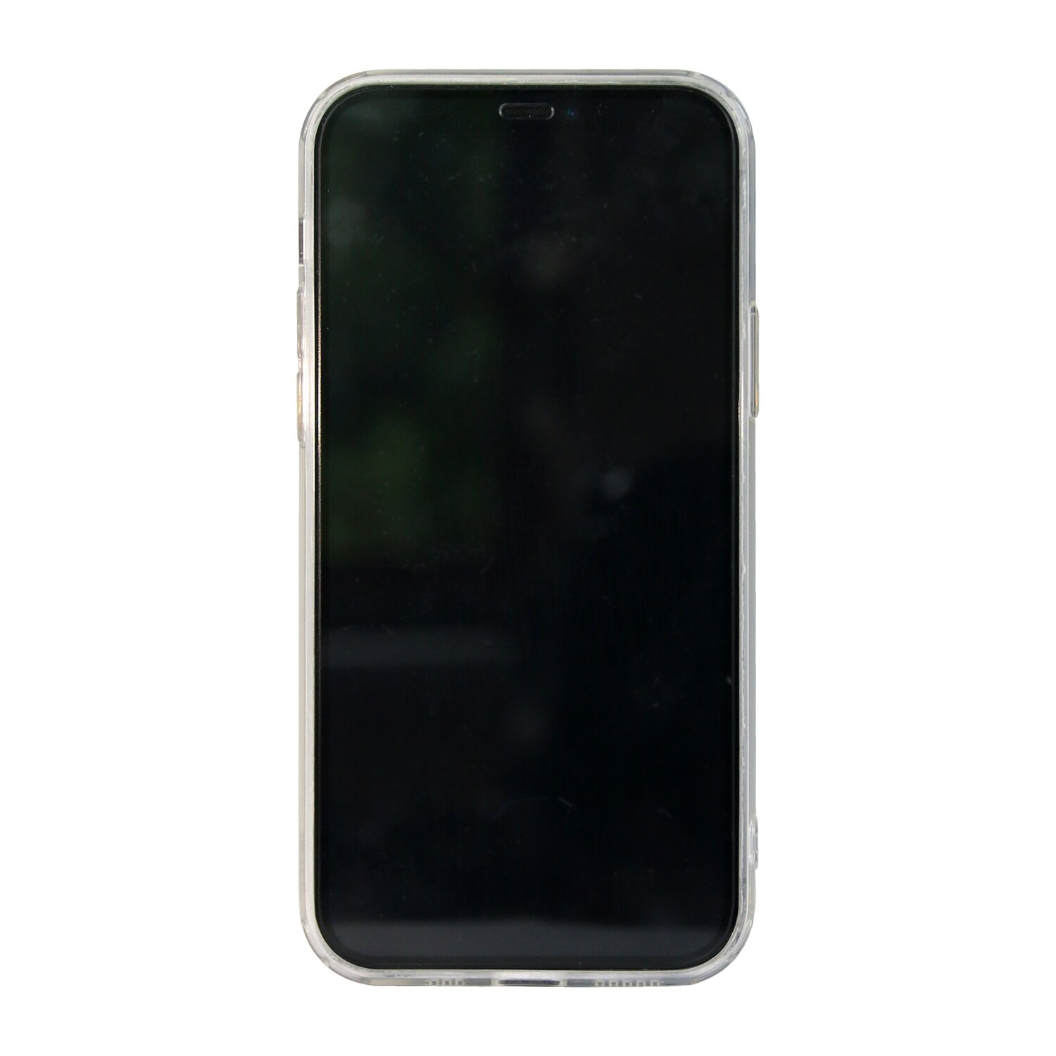 Ein Telefon in einer durchsichtigen Handyhülle. Das Telefon ist eingeschaltet und hat einen schwarzen Bildschirm.