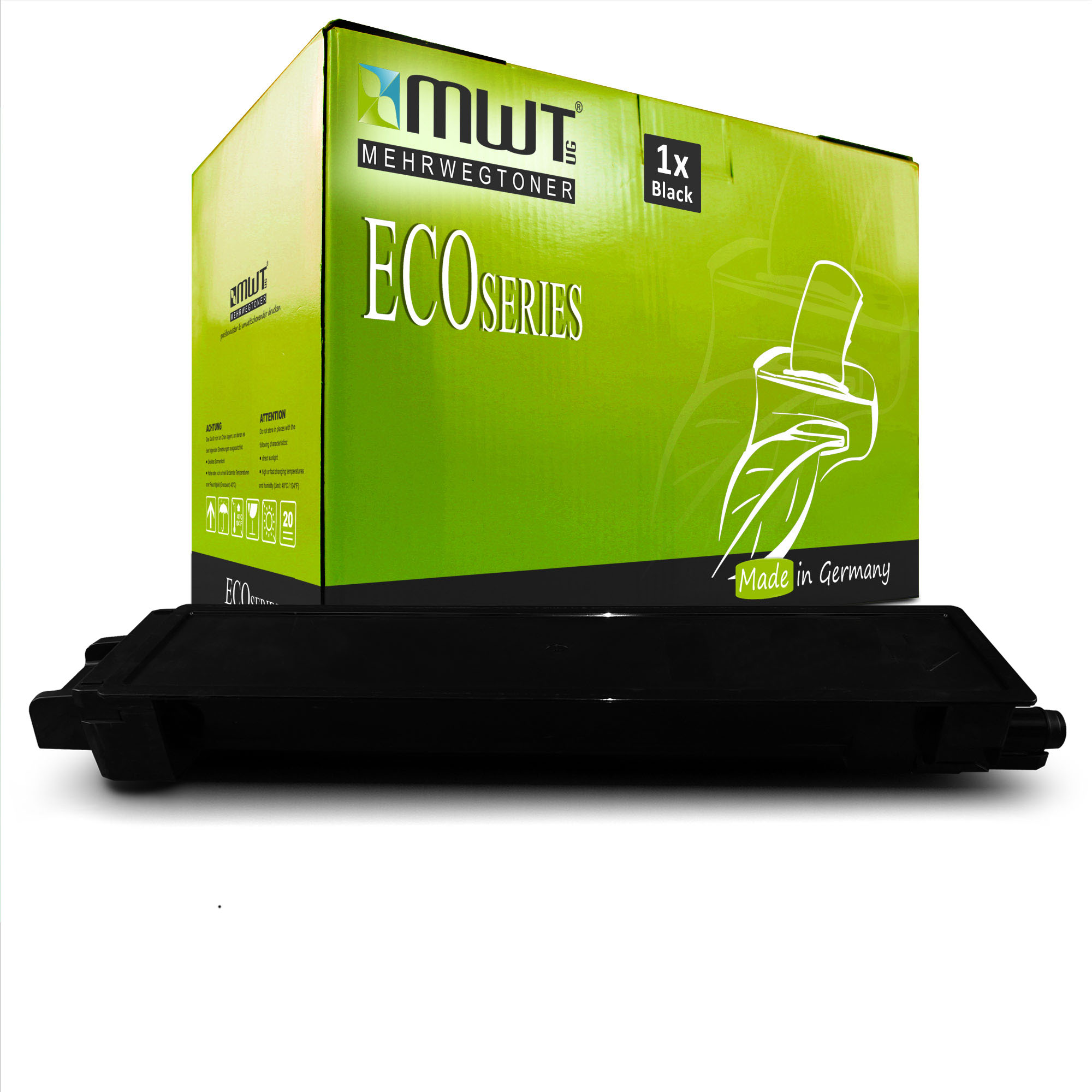 Schwarze Tonerkartusche. Im Hintergrund eine grün-weiße Box. Die Box trägt die Aufschrift 'ECO SERIES'.