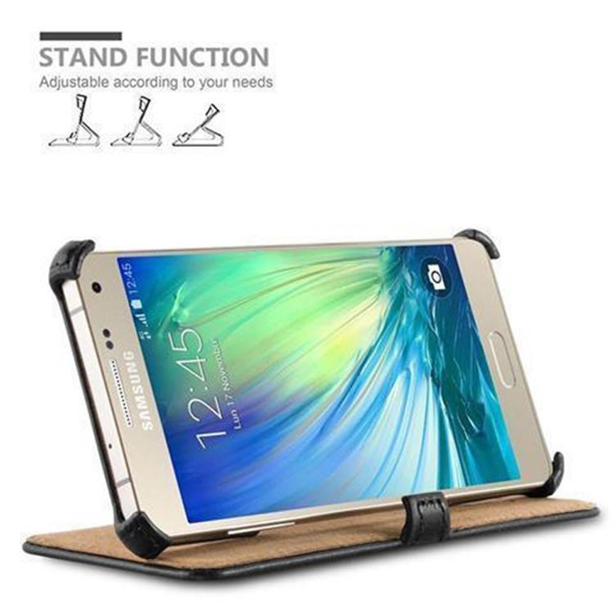 CADORABO Book Hülle mit Standfunktion Samsung, A3 2015, PIANO Galaxy Eckhalterung, und SCHWARZ Backcover