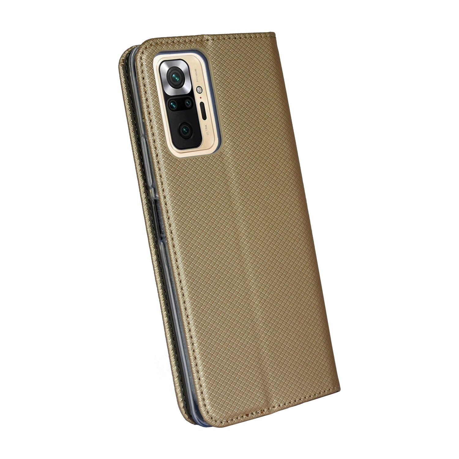 Goldene Handyhülle, geschlossen. Telefon teilweise sichtbar. Strukturierte Oberfläche.
