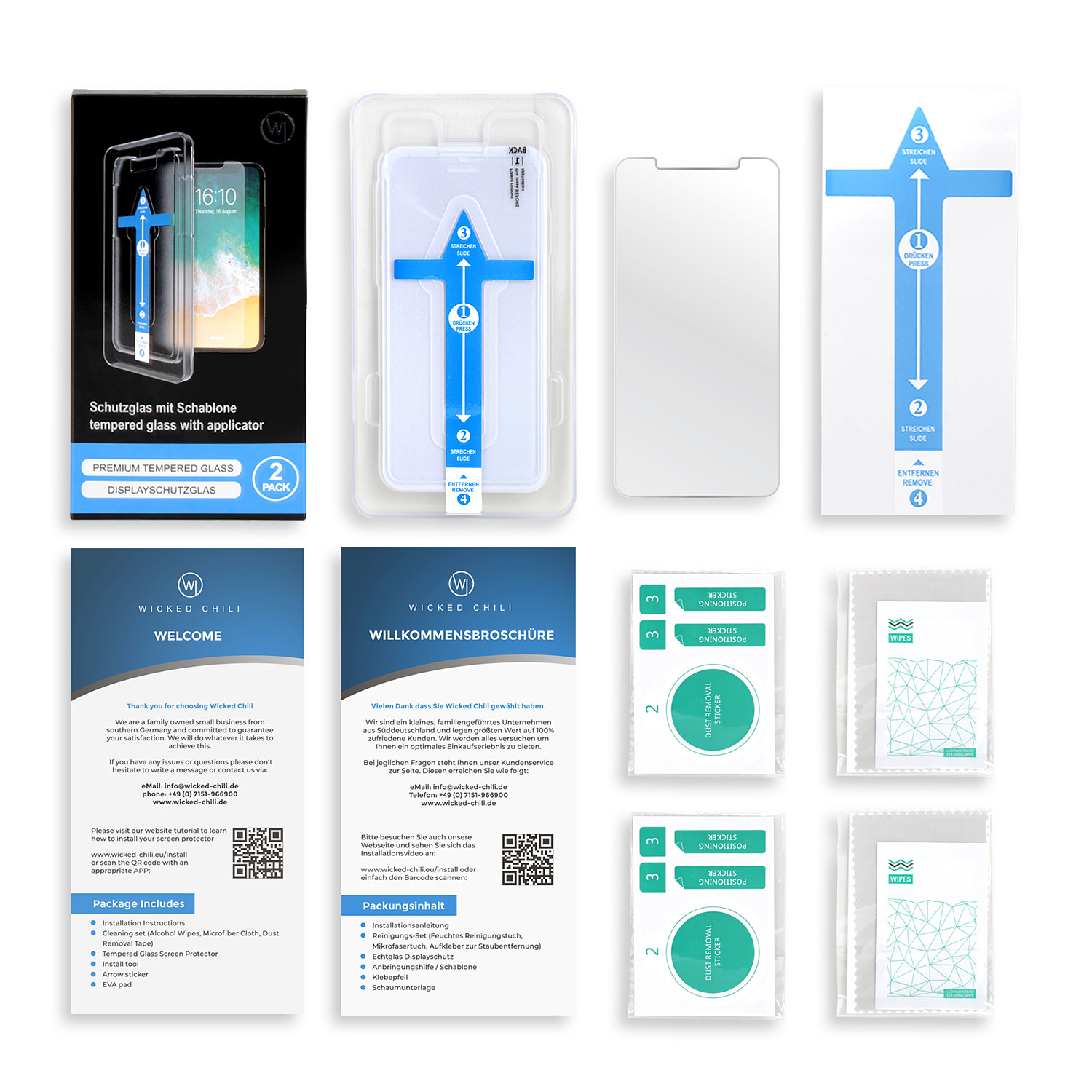 Verpackung für ein Displayschutzfolien-Kit. Enthält Anweisungen, Tücher und Glas.
