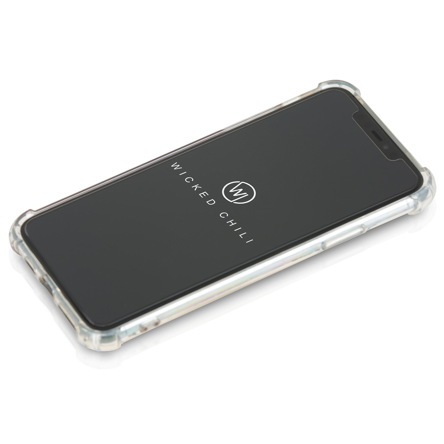 Ein schwarzes Telefon in einer durchsichtigen Hülle. Das Telefon ist eingeschaltet und zeigt ein Logo. Die Hülle hat einen transparenten Rahmen.