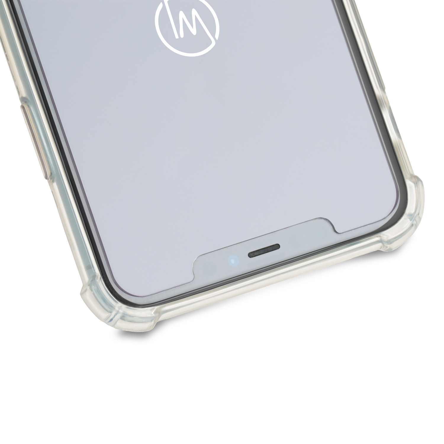 Smartphone mit durchsichtiger Hülle, zeigt Bildschirm und Kante des Telefons.
