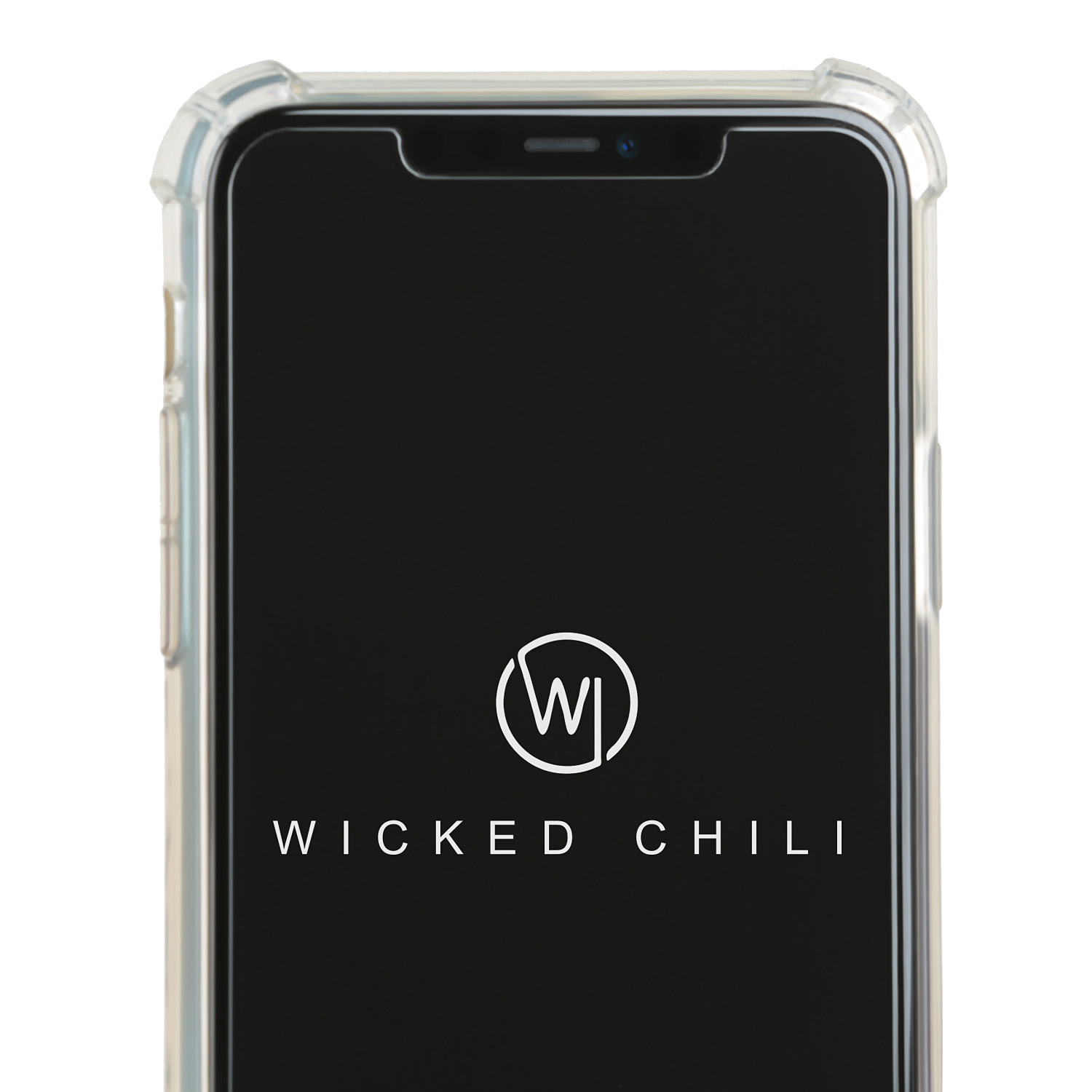 Ein Telefon mit einer durchsichtigen Hülle. Es zeigt ein Logo auf dem schwarzen Bildschirm des Telefons.