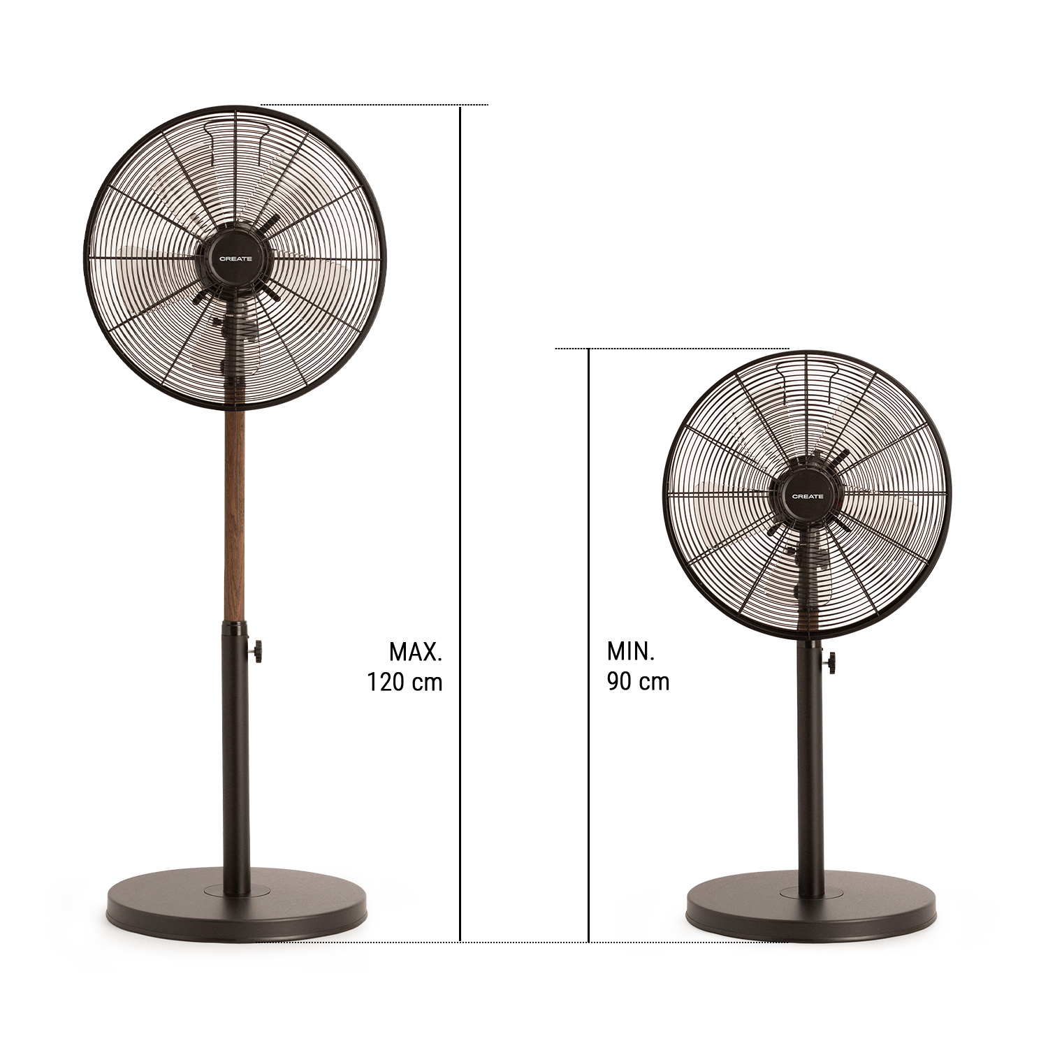 Dos ventiladores negros con detalles de madera. Uno está configurado a un máximo de 120 cm y el otro a un mínimo de 90 cm.