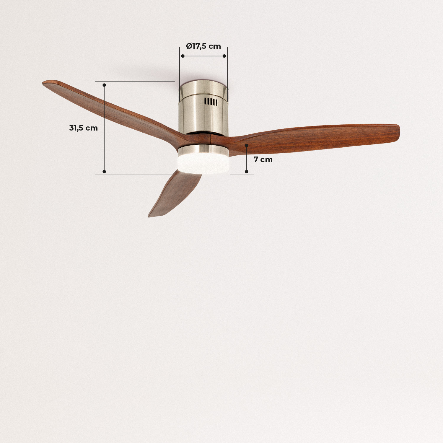 Ventilador de techo con aspas de madera. Dimensiones mostradas.