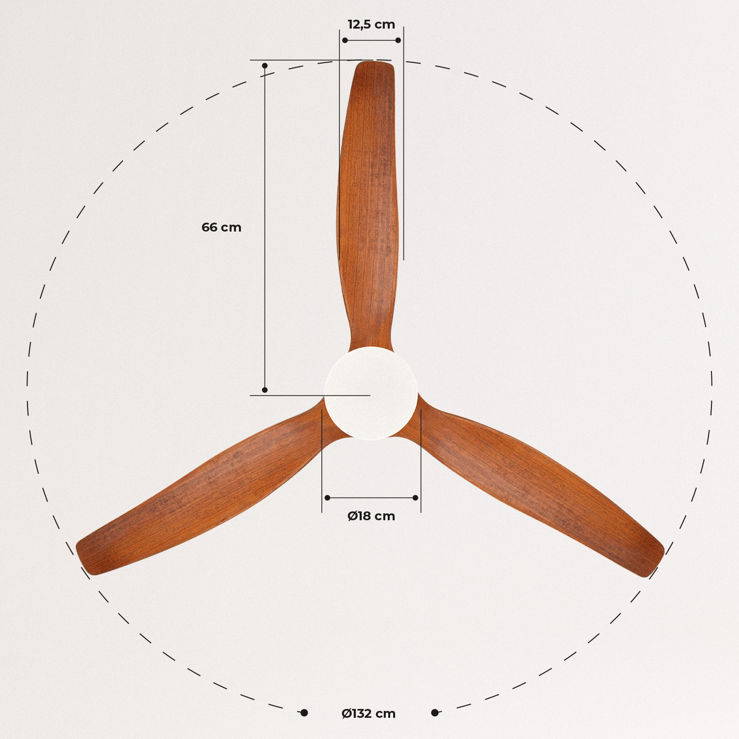 Ventilador de techo con tres aspas de madera y medidas sobre fondo blanco.