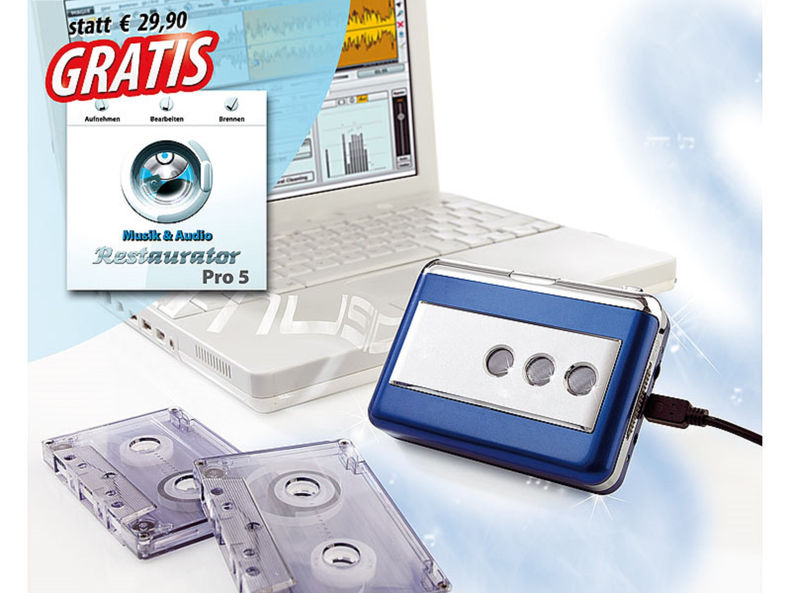 AUVISIO Tape2PC Digitales Konvertierungsgerät für Audio-Kassetten blau