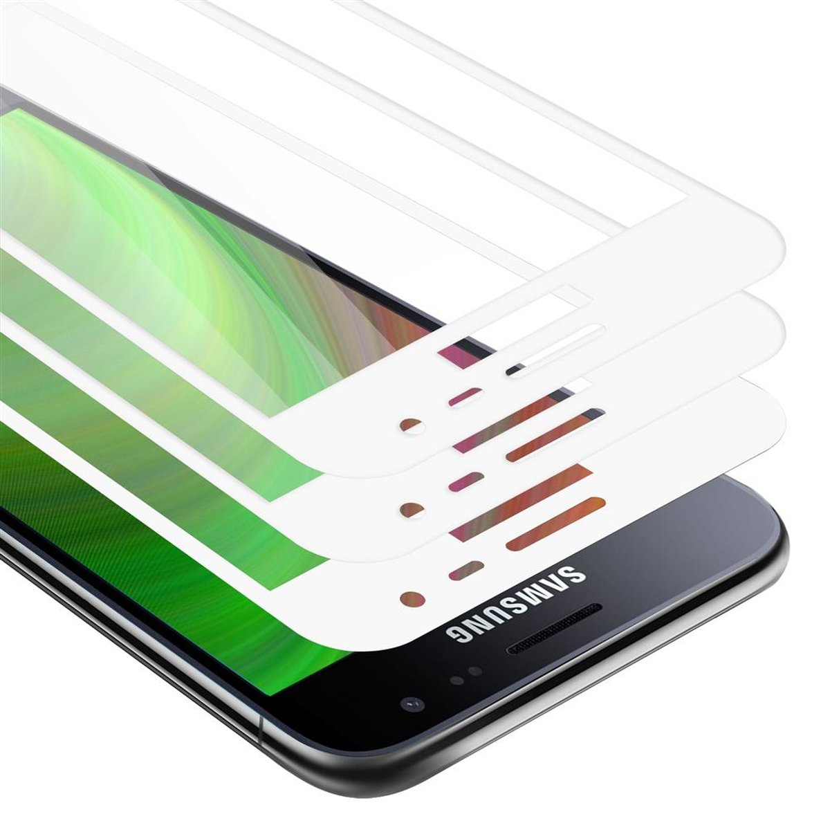 Protector de pantalla para teléfono con múltiples capas, mostrando un teléfono. Las capas son transparentes con bordes blancos.