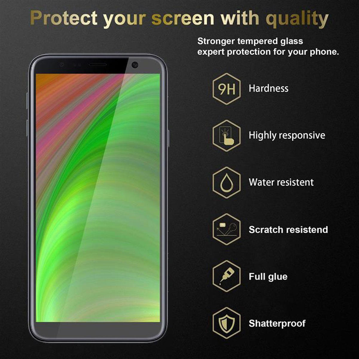 Schermo del telefono con protezione schermo. Testo sulla protezione: durezza 9H, resistente all'acqua, infrangibile.